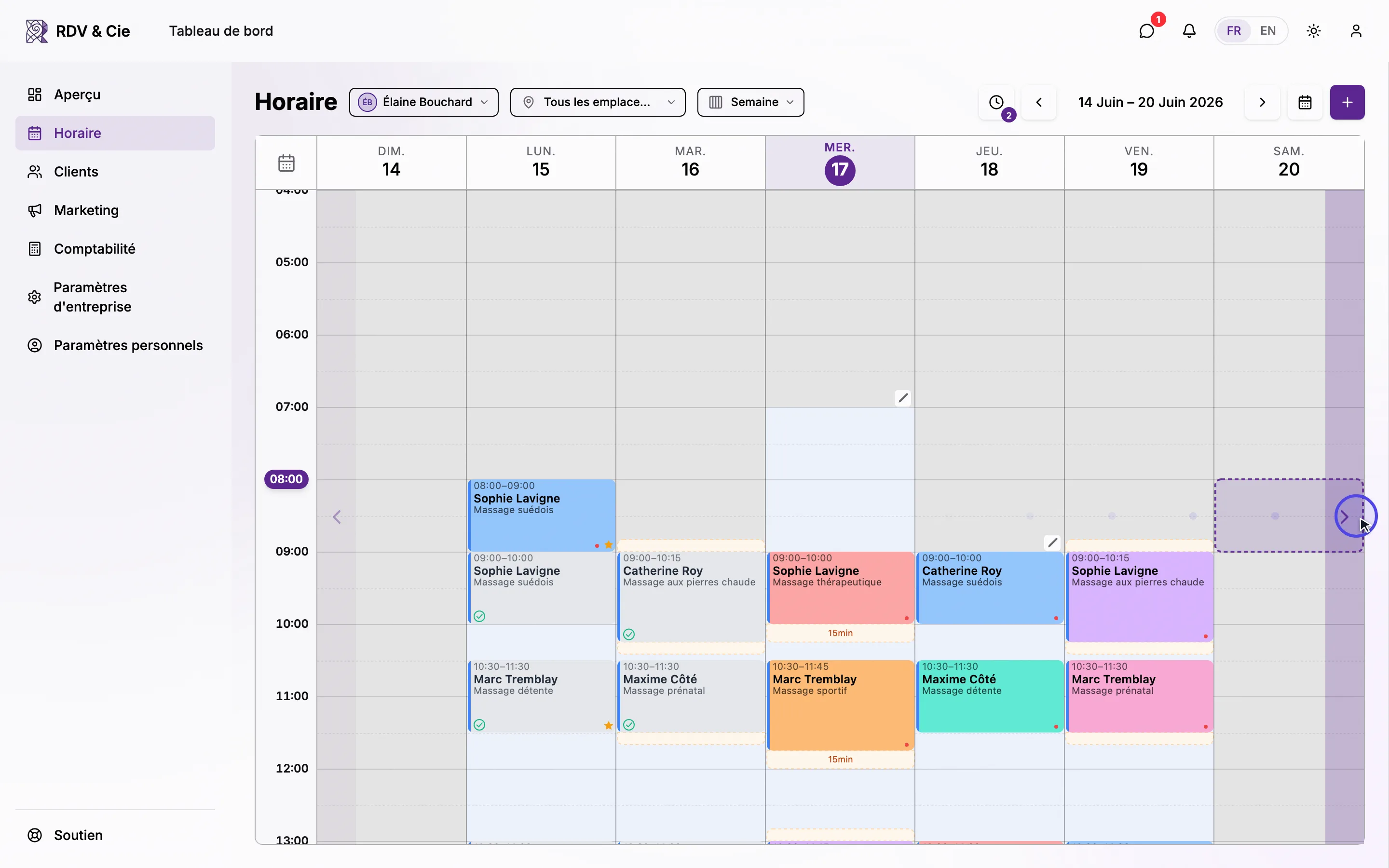 En vue semaine, glisser une réservation vers le bord droit et maintenir jusqu'à ce que l'horaire passe à la semaine suivante, puis déposer et confirmer