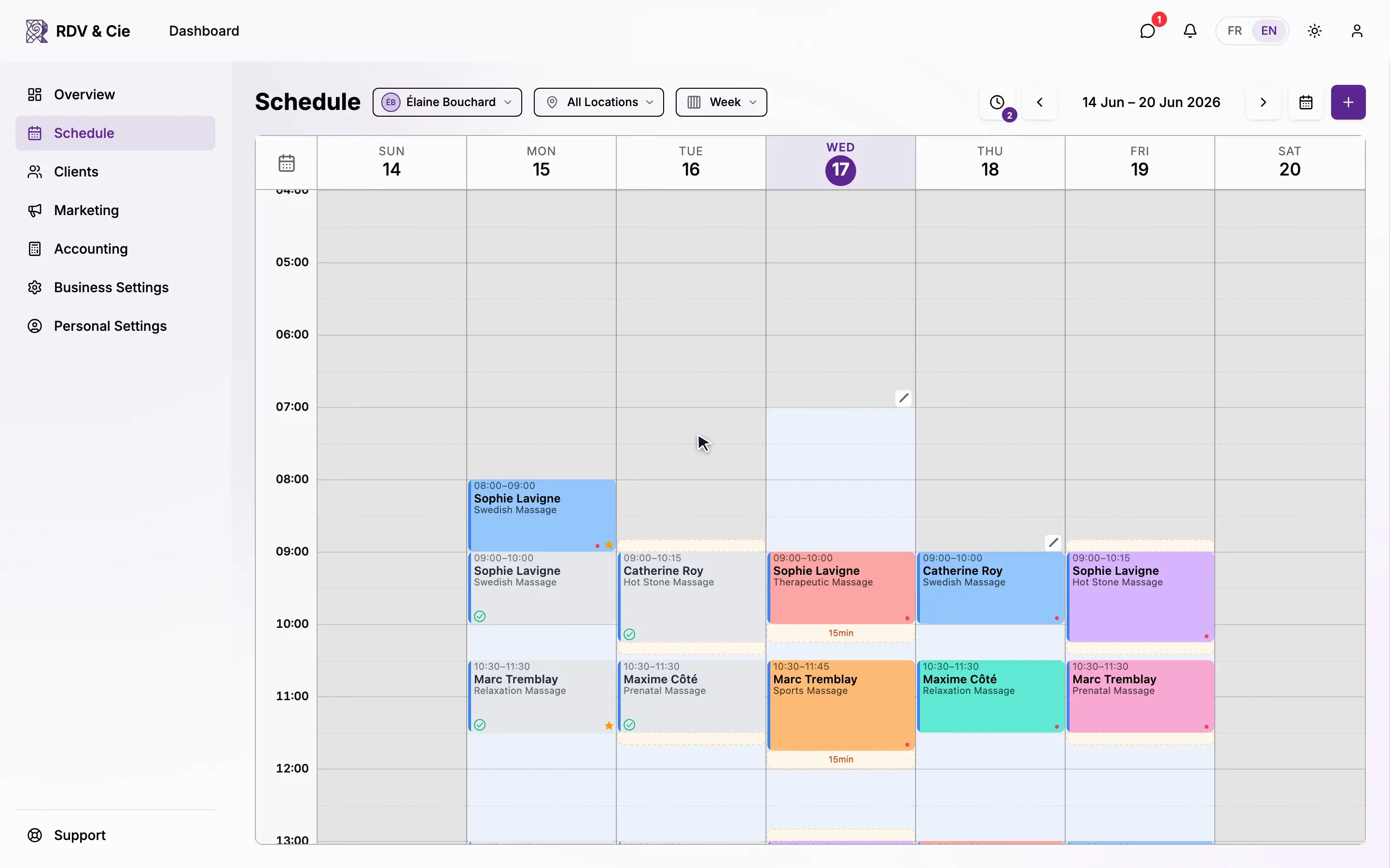 In week view, dragging a booking to the right edge and holding until the schedule flips to the next week, then dropping and confirming