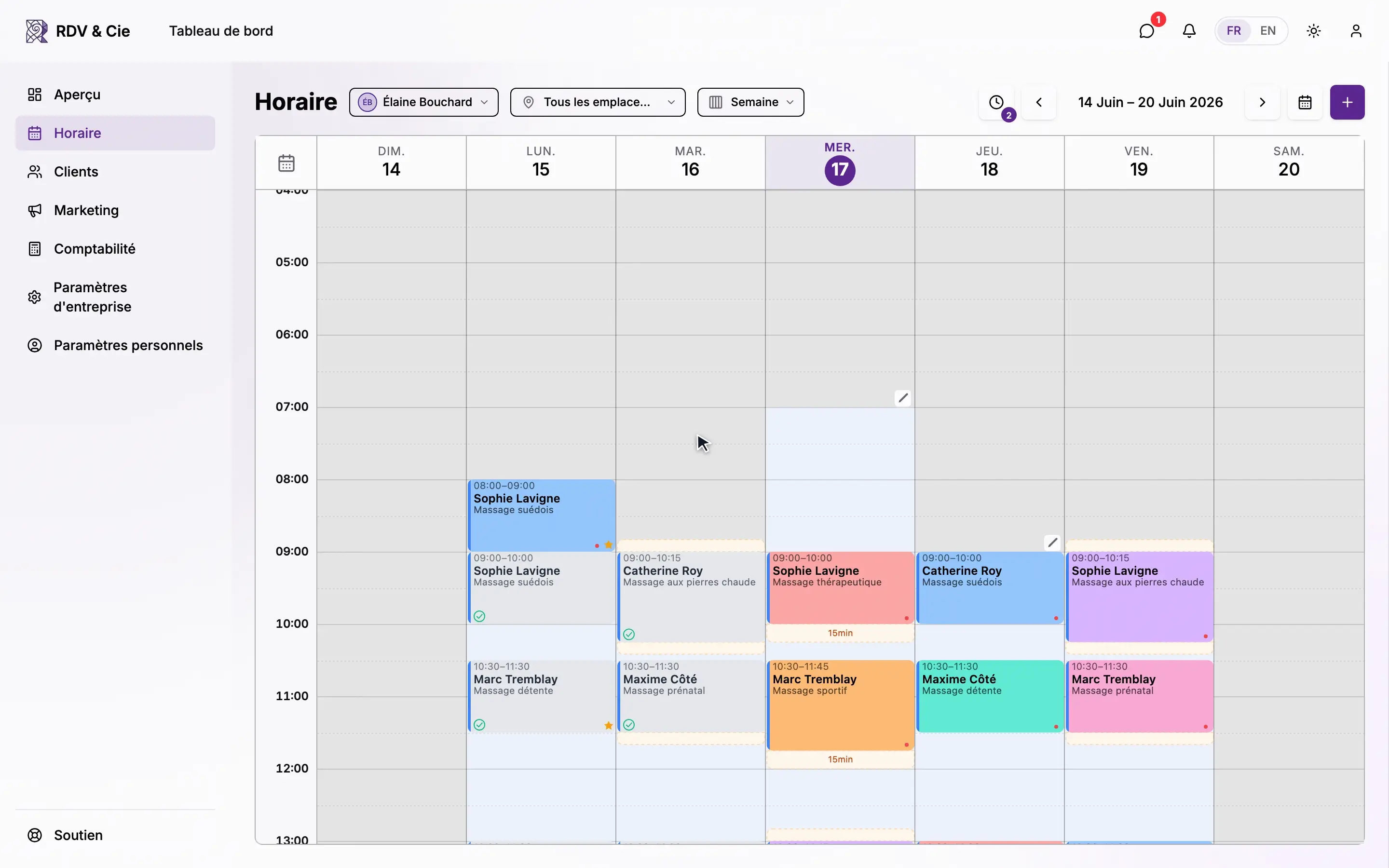 En vue semaine, glisser une réservation vers le bord droit et maintenir jusqu'à ce que l'horaire passe à la semaine suivante, puis déposer et confirmer