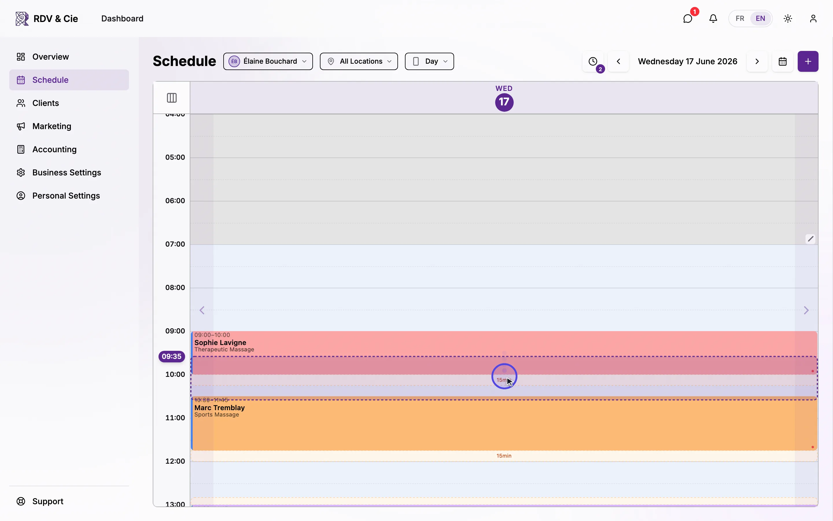 Dragging a booking onto another, confirming the overlap warning — the two bookings end up side by side