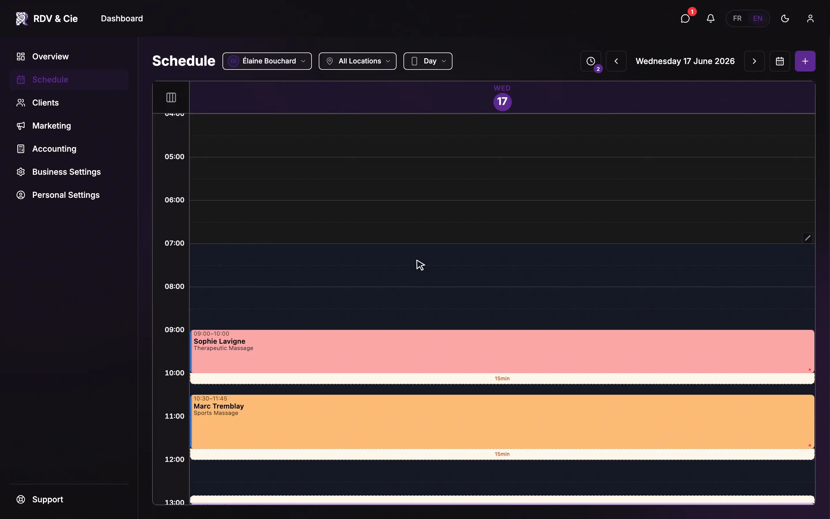 Dragging a booking onto another, confirming the overlap warning — the two bookings end up side by side