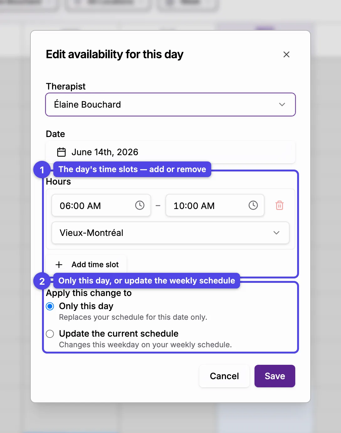 The Edit availability for this day dialog: the day's time slots and the Only this day / Update the schedule chooser