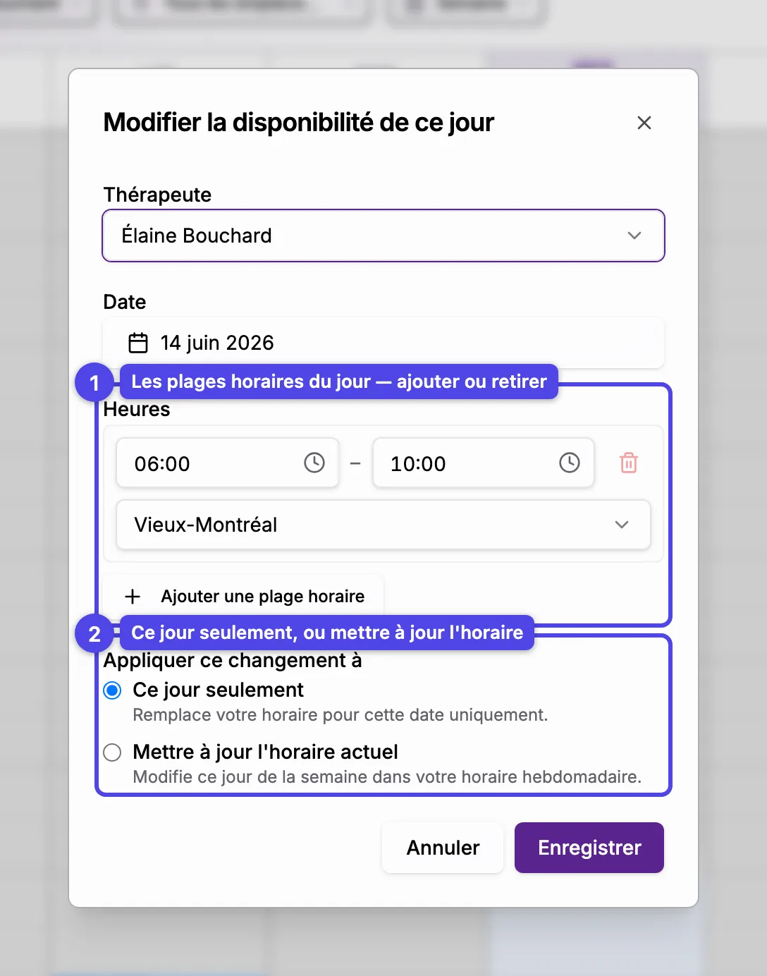 La fenêtre Modifier la disponibilité de ce jour : les plages horaires de la journée et le choix Ce jour seulement / Mettre à jour l'horaire