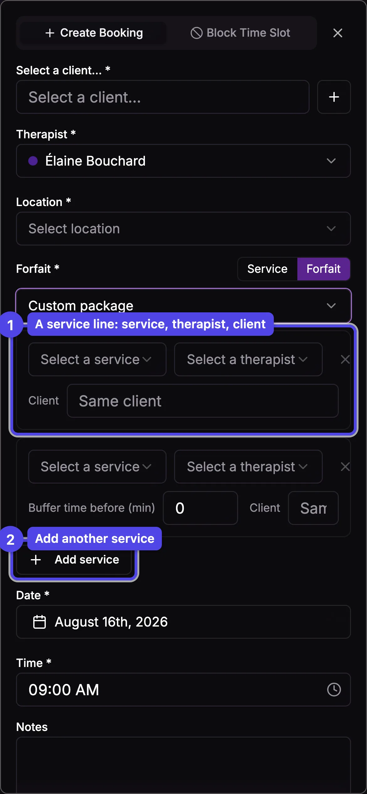 The custom forfait builder with per-line service, therapist, buffer time and client