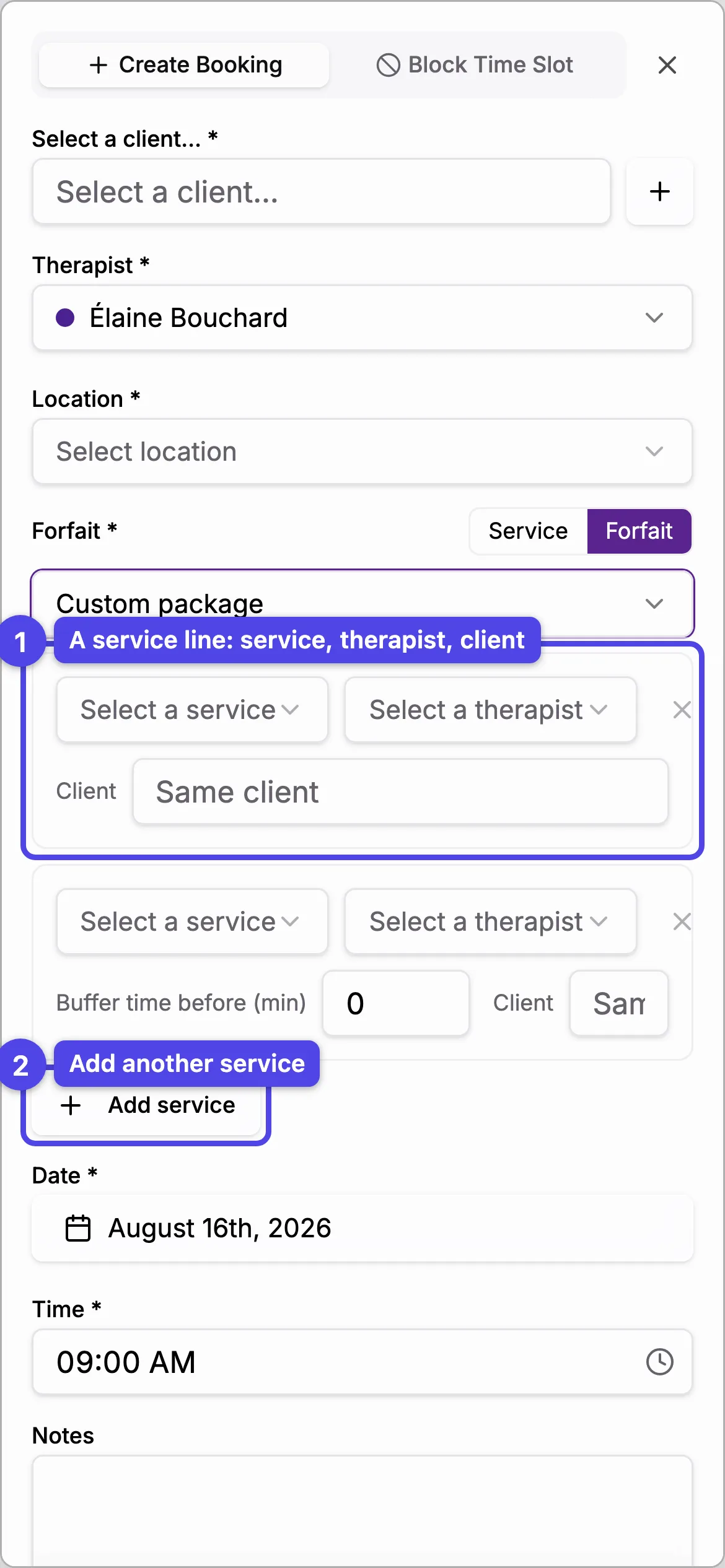 The custom forfait builder with per-line service, therapist, buffer time and client