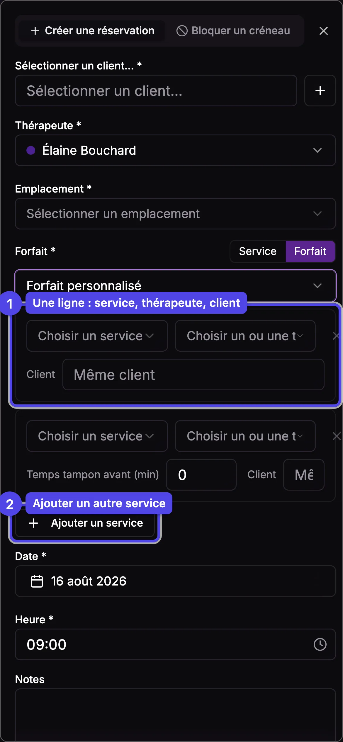 Le composeur de forfait personnalisé avec service, thérapeute, temps tampon et client par ligne