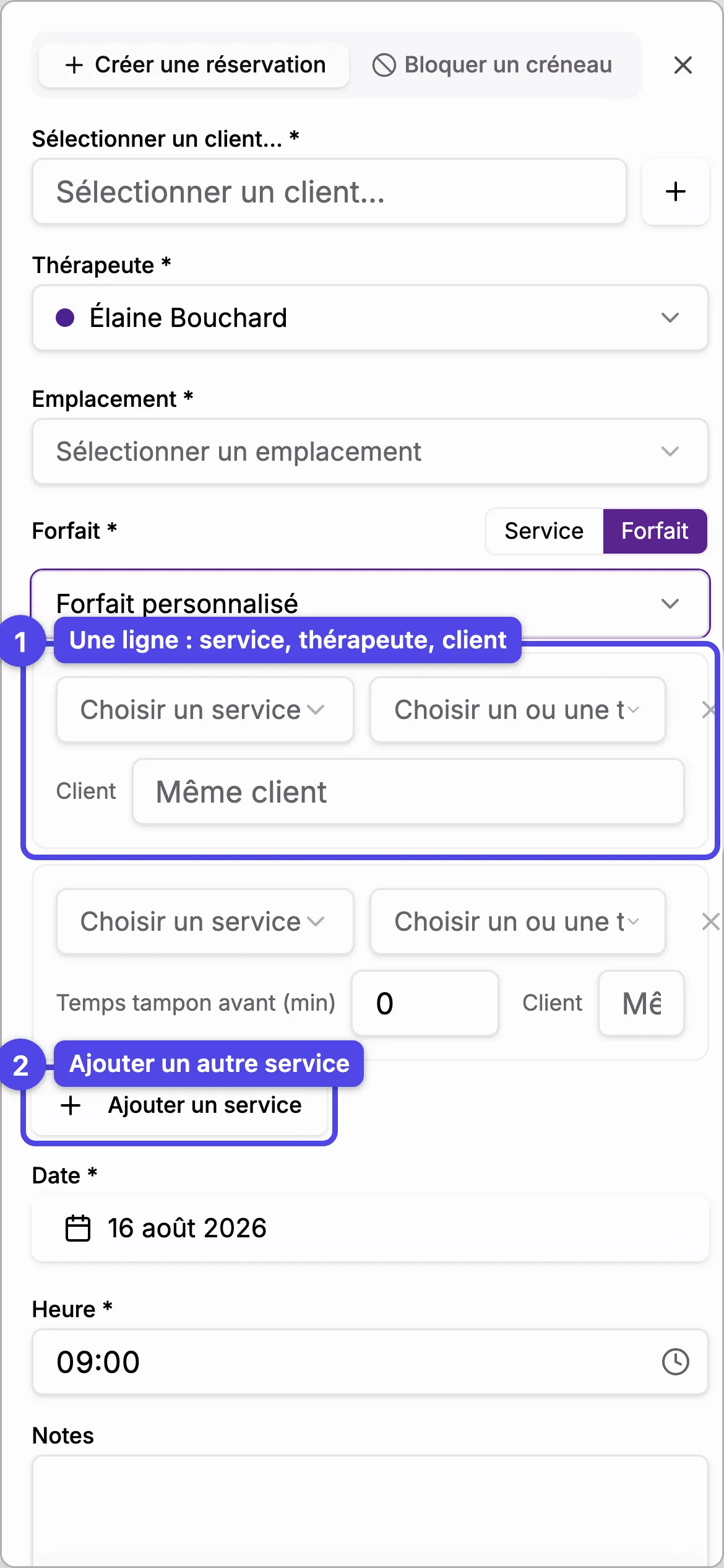 Le composeur de forfait personnalisé avec service, thérapeute, temps tampon et client par ligne