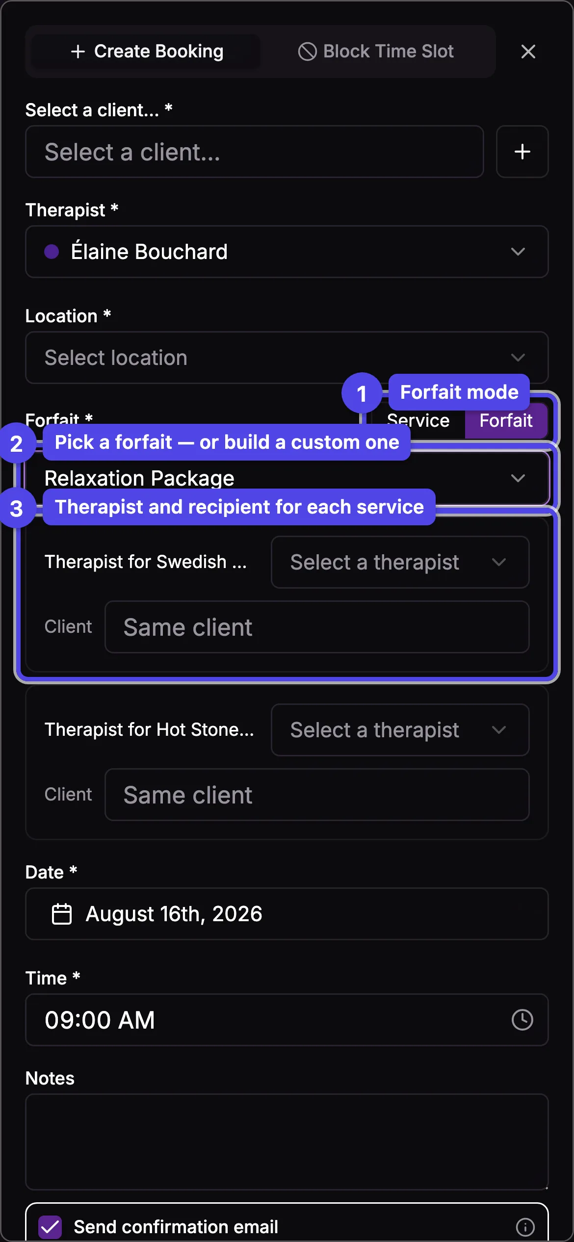 The create-booking dialog in Forfait mode with a therapist and client picker per service