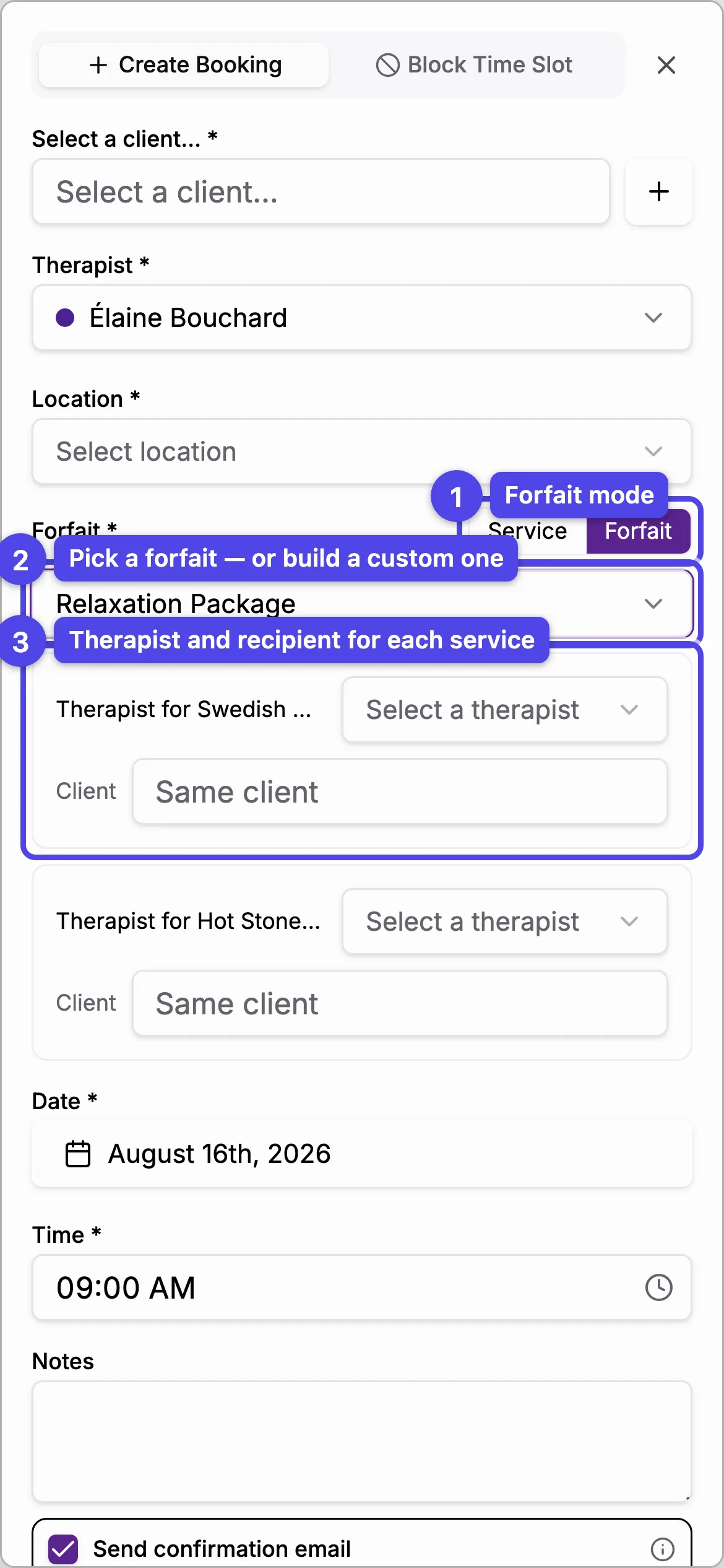 The create-booking dialog in Forfait mode with a therapist and client picker per service