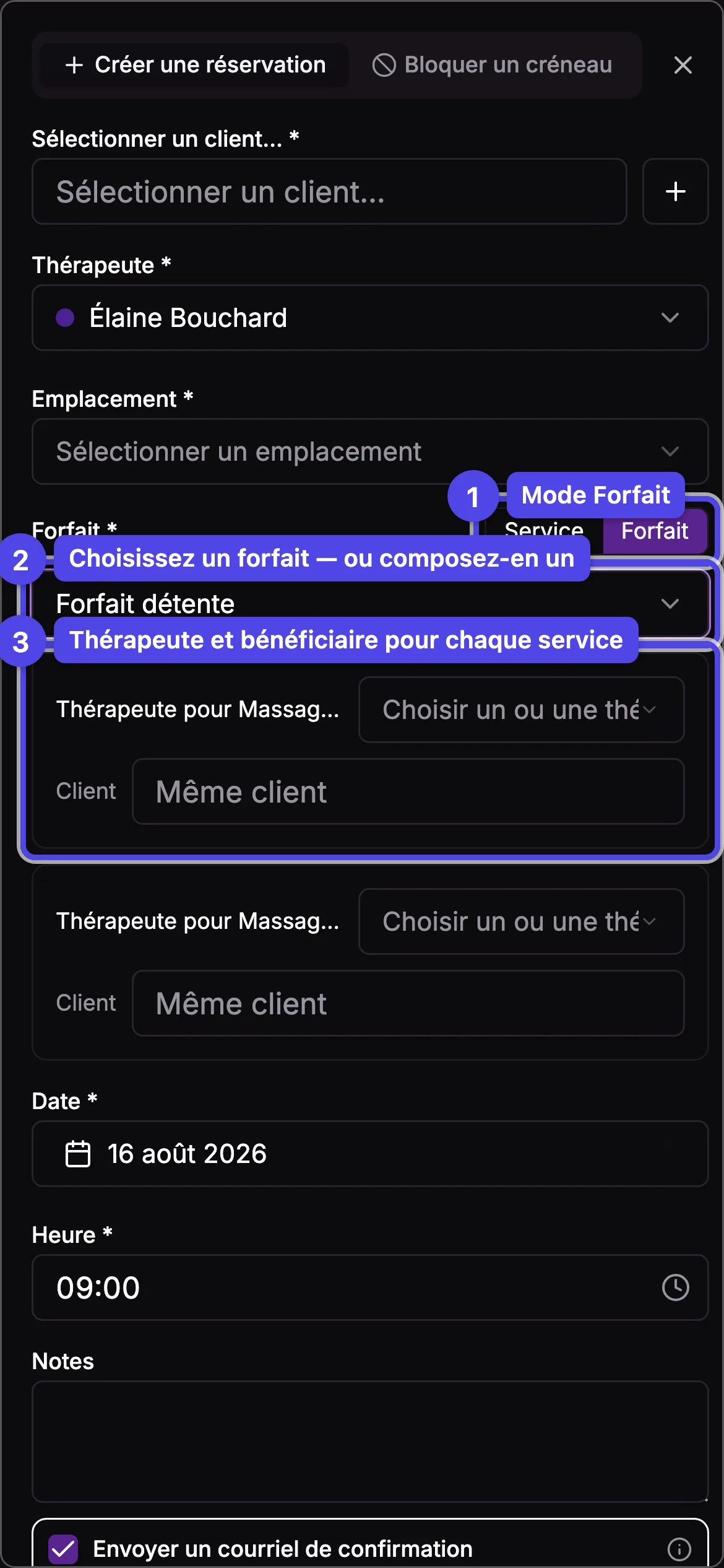 Le dialogue de création de réservation en mode Forfait avec un choix de thérapeute et de client par service