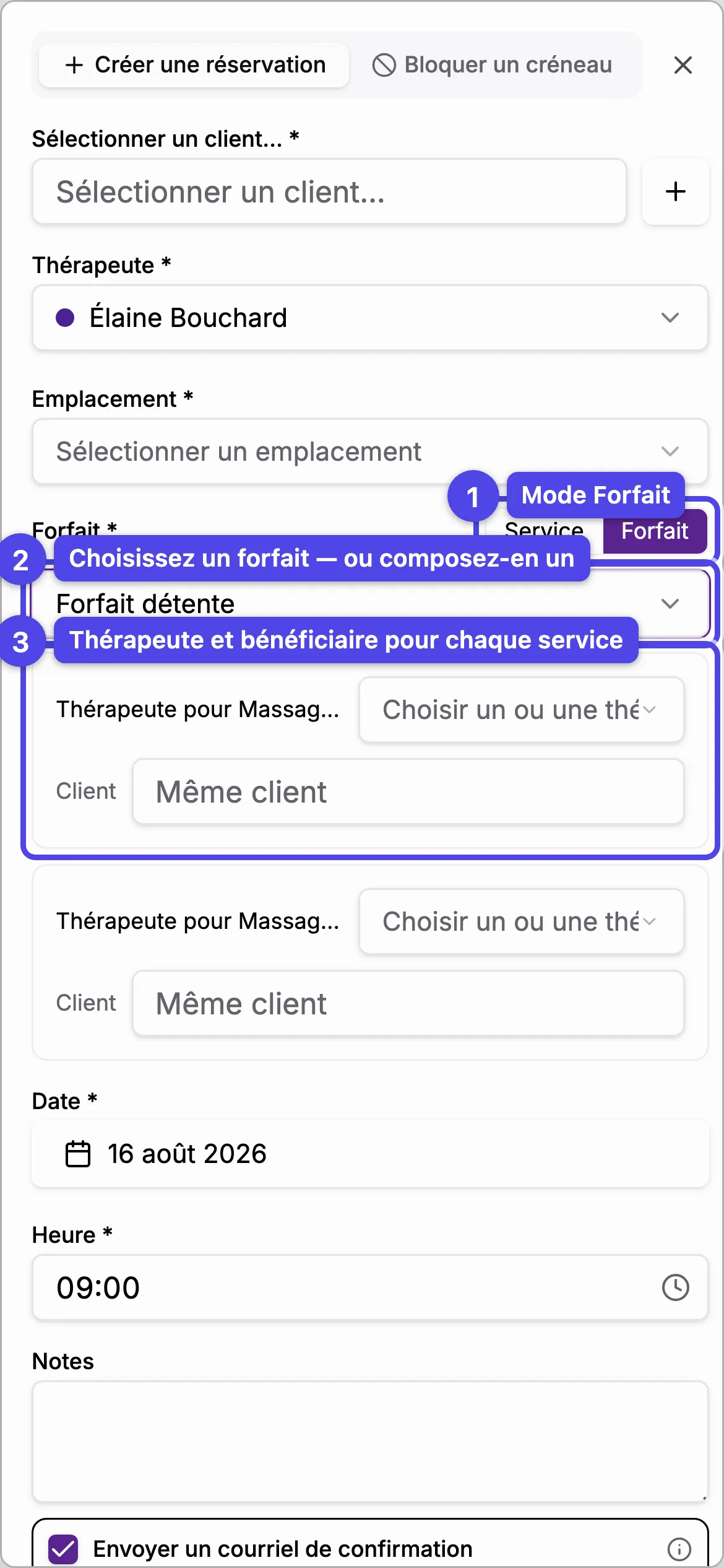 Le dialogue de création de réservation en mode Forfait avec un choix de thérapeute et de client par service