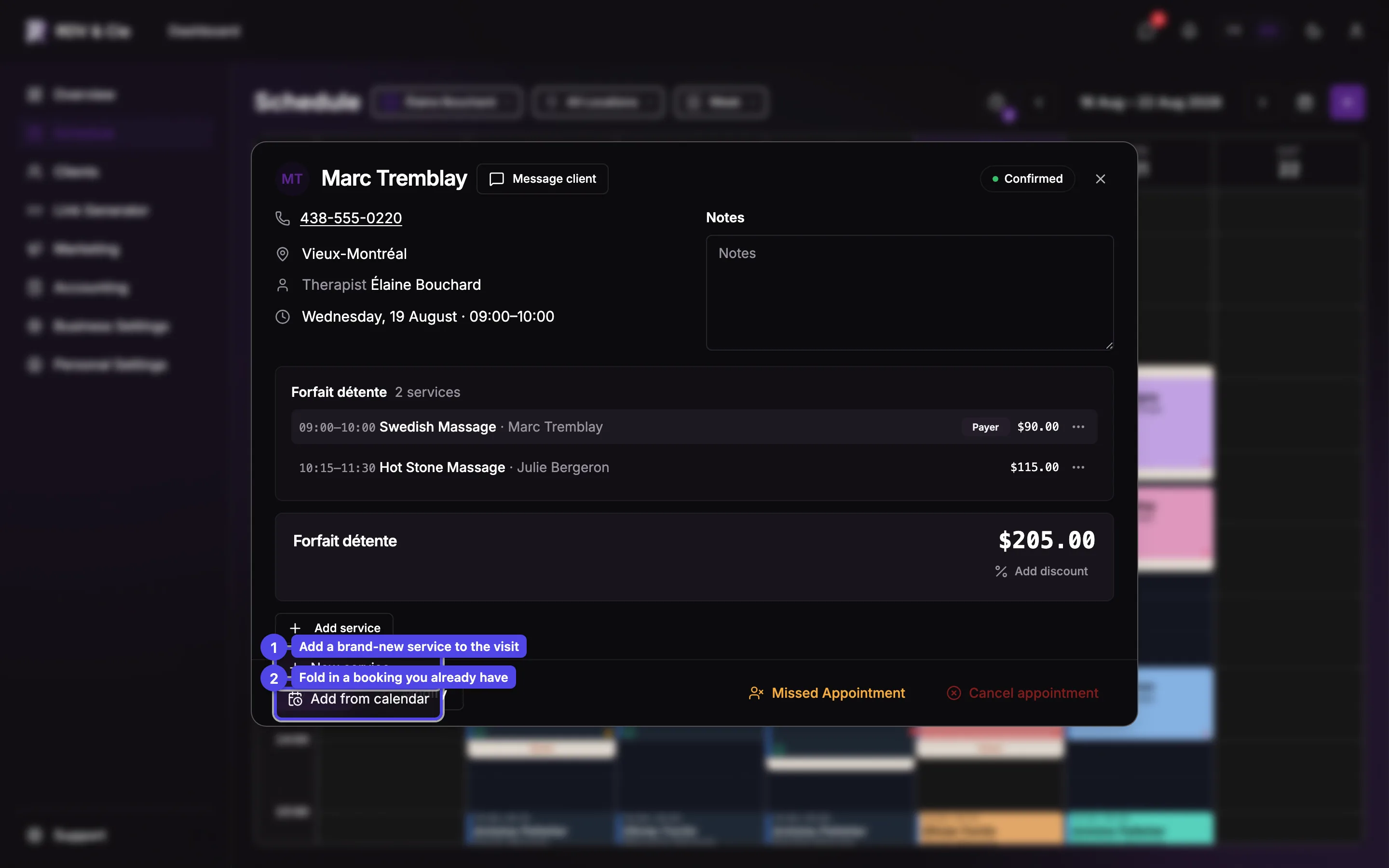 The Add service chooser with New service and Add from calendar options
