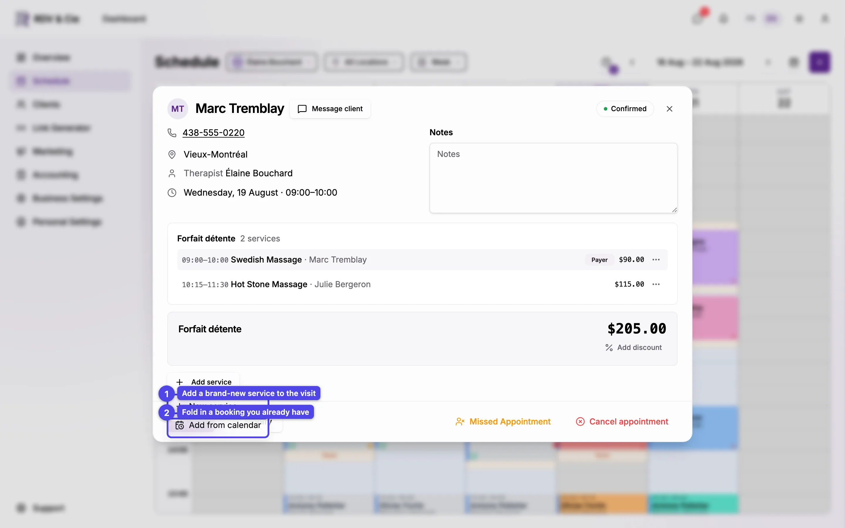 The Add service chooser with New service and Add from calendar options