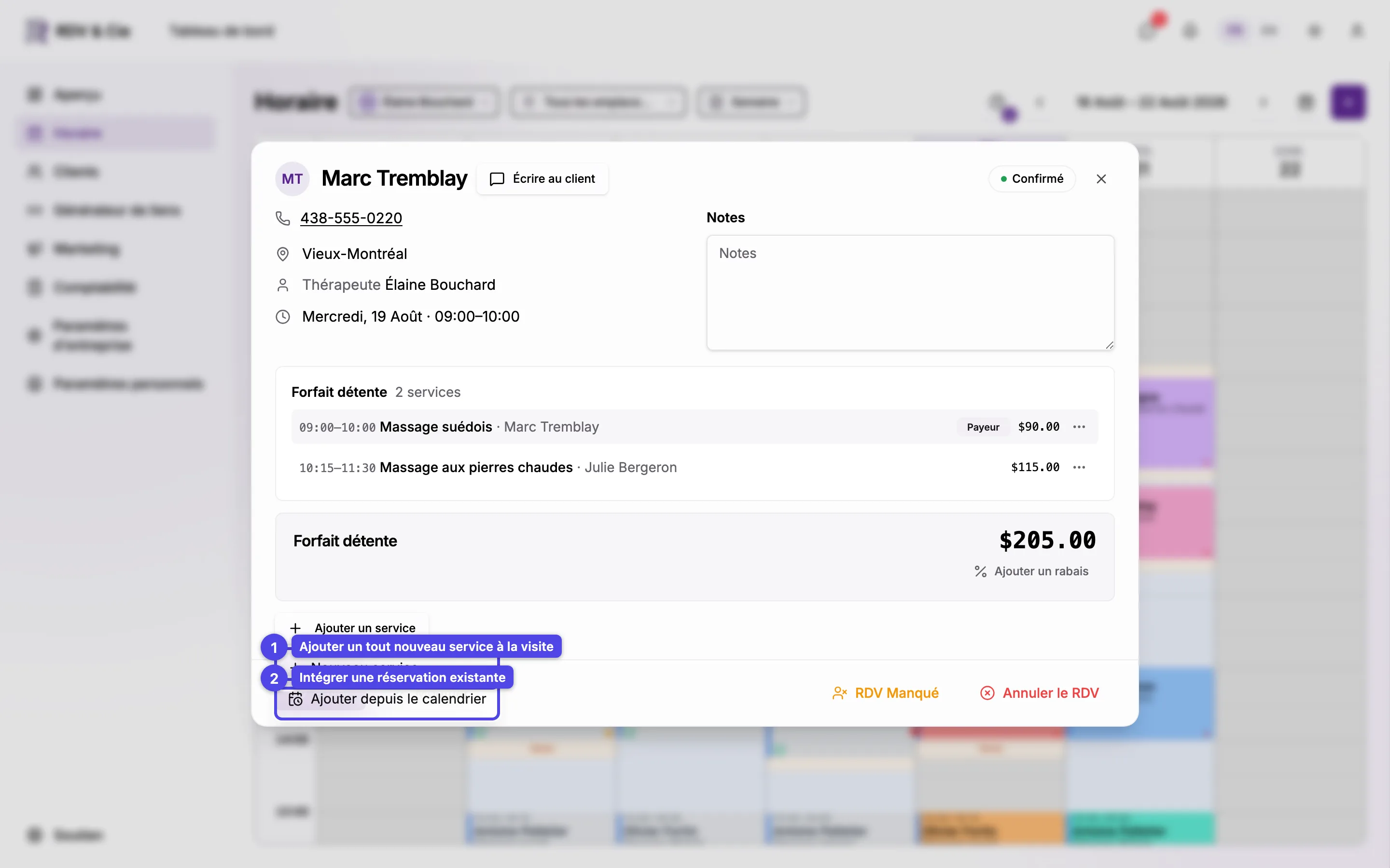 Le sélecteur Ajouter un service avec les options Nouveau service et Ajouter depuis le calendrier