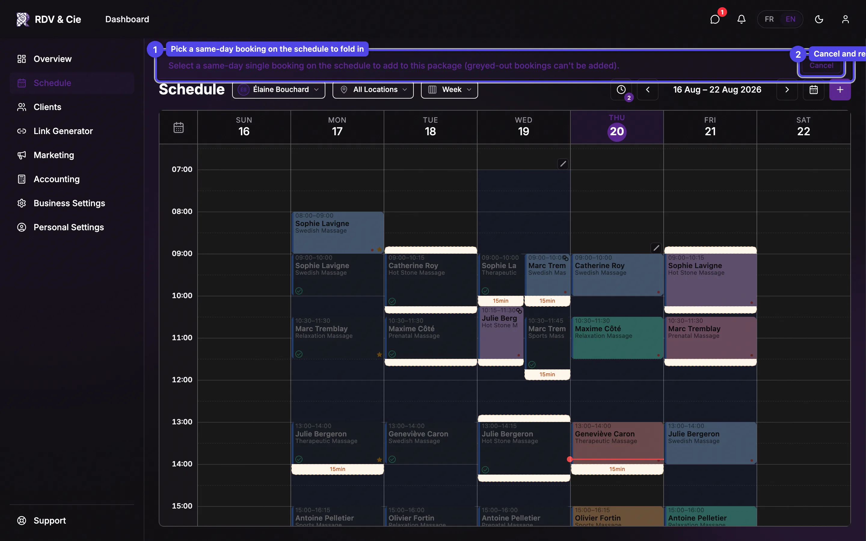 The schedule in combine pick mode: a banner with a Cancel button and greyed-out bookings that can't be folded in