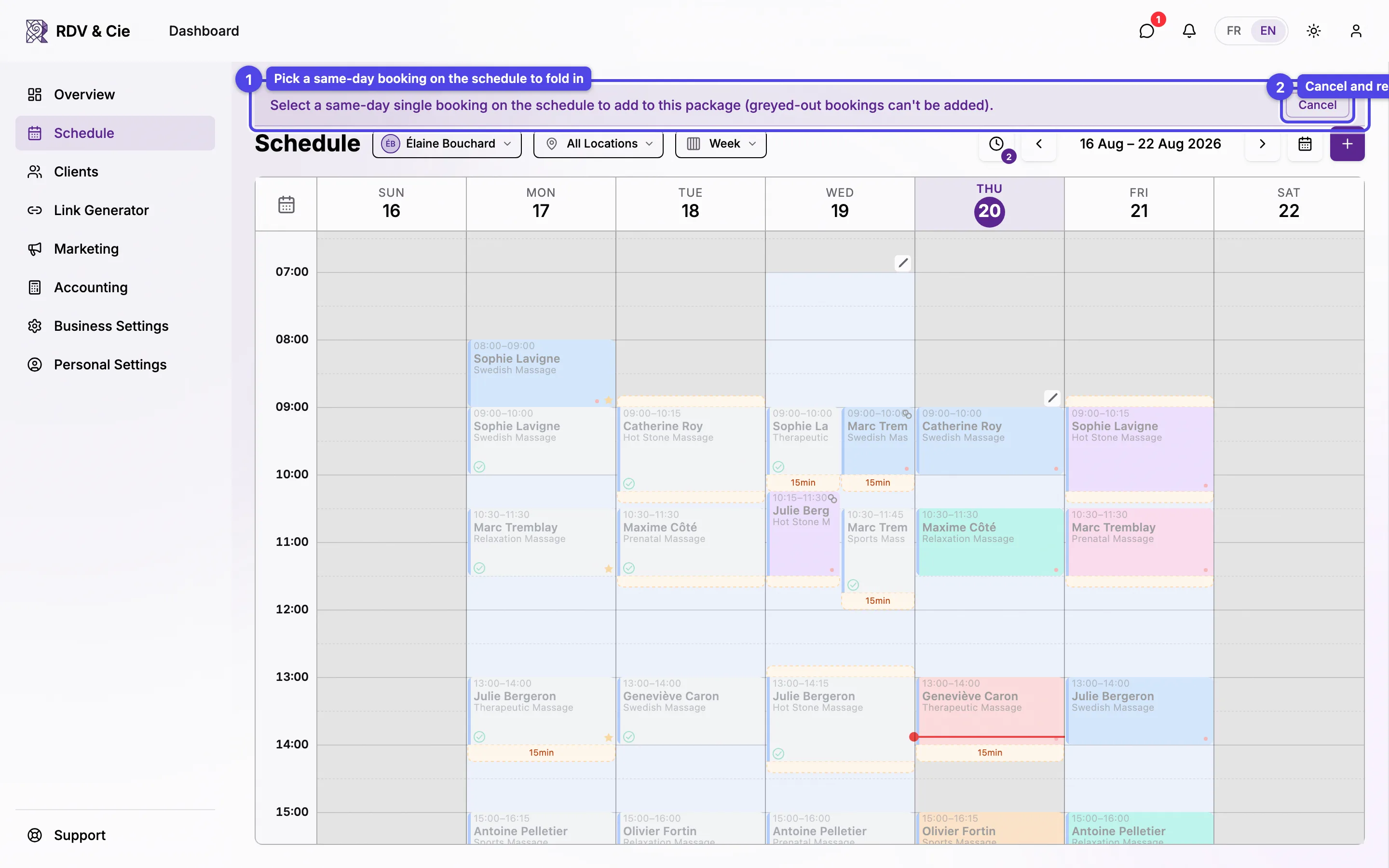 The schedule in combine pick mode: a banner with a Cancel button and greyed-out bookings that can't be folded in
