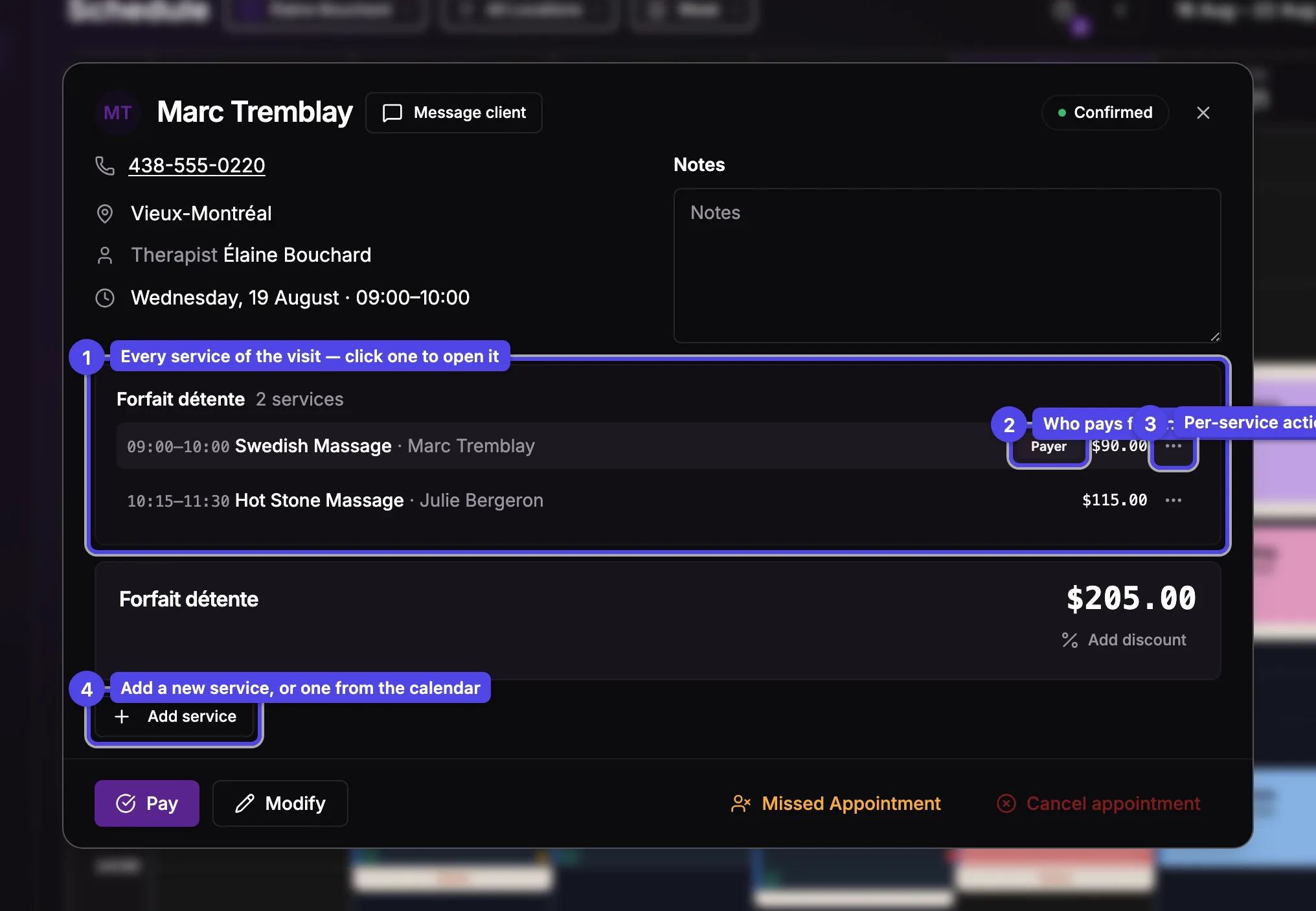 The booking detail dialog of a grouped visit: the group section listing every service, the Payer badge and the per-service actions menu