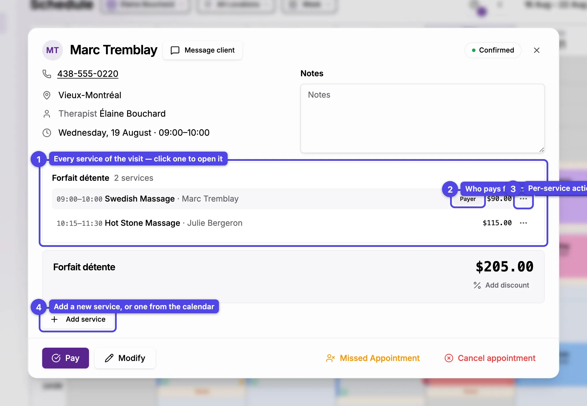 The booking detail dialog of a grouped visit: the group section listing every service, the Payer badge and the per-service actions menu
