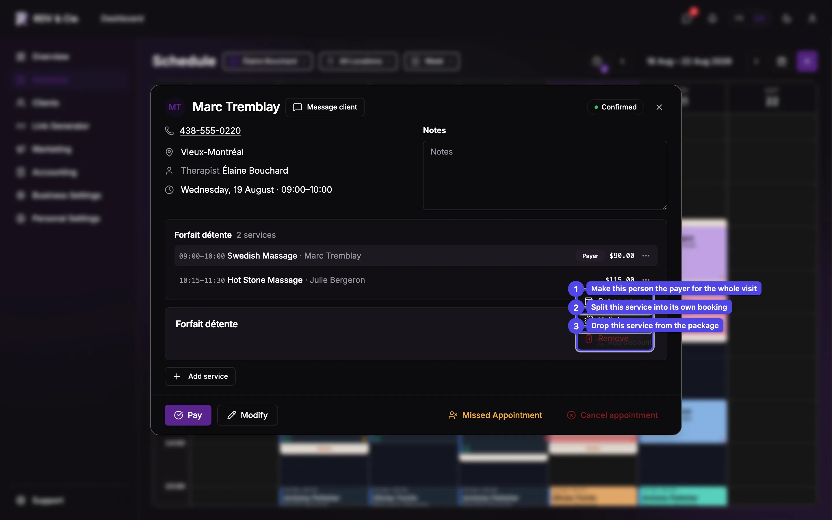 The per-service actions menu open, showing Set as payer, Unlink and Remove