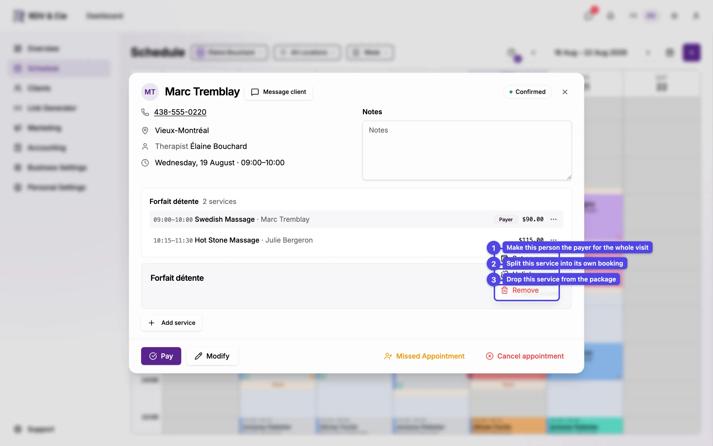 The per-service actions menu open, showing Set as payer, Unlink and Remove