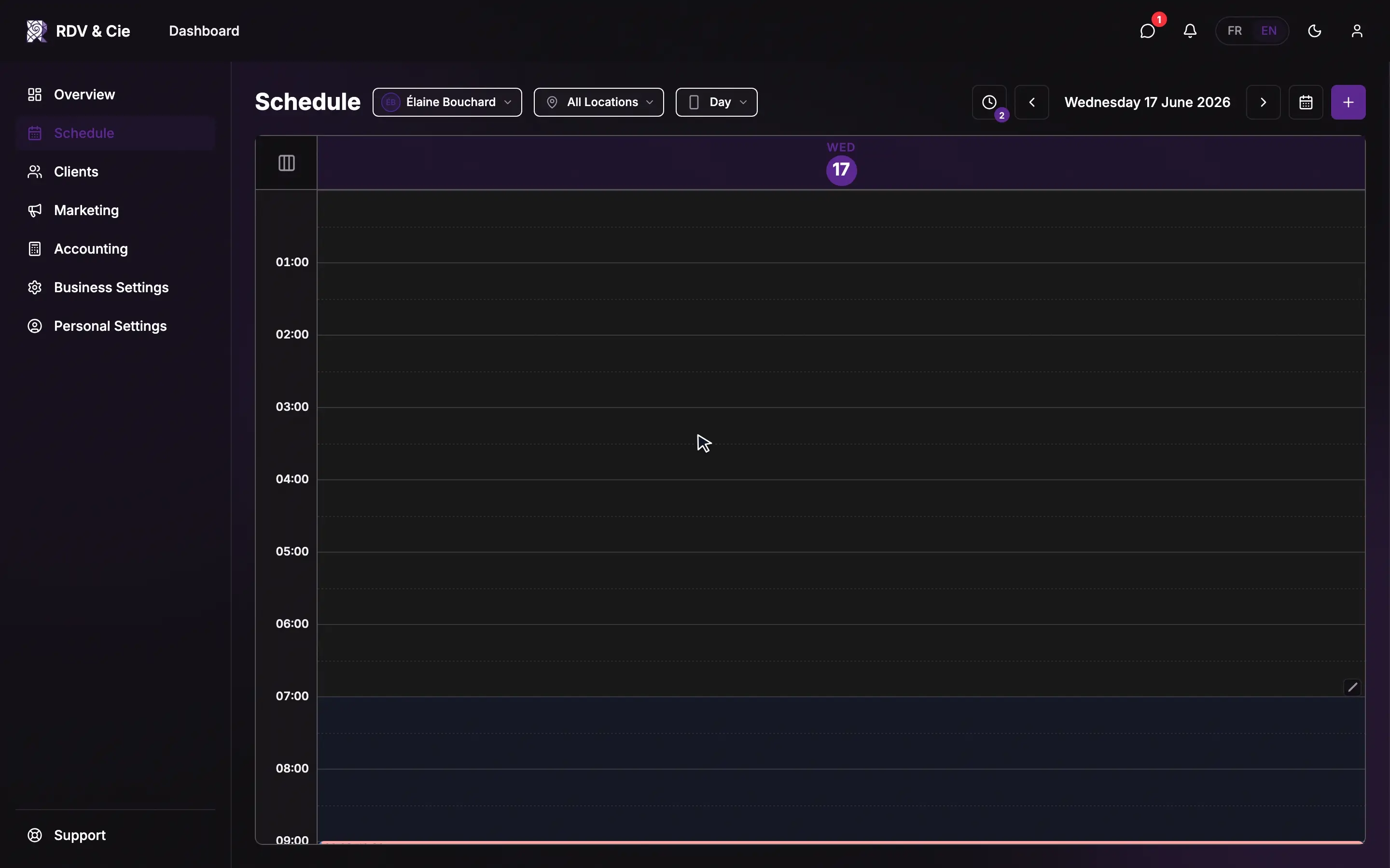 Pressing and holding an empty slot — the time indicator follows, then the Create Booking dialog opens at that time