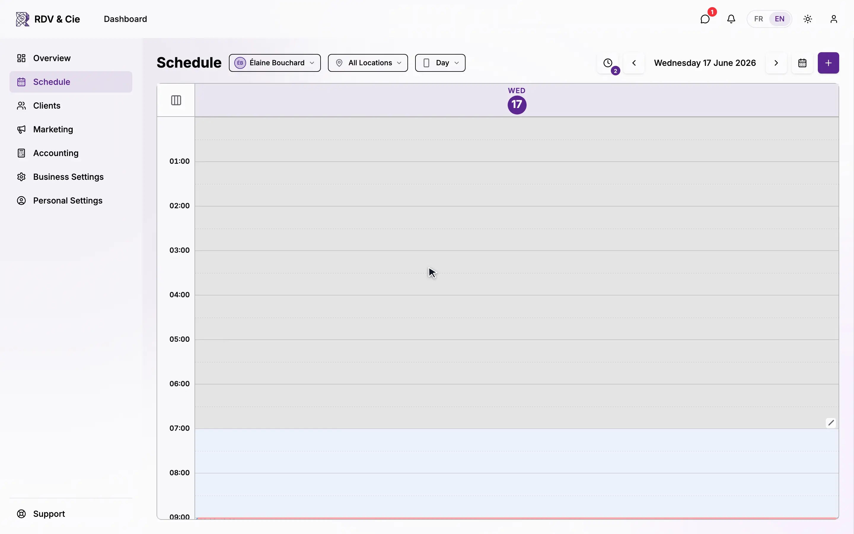 Pressing and holding an empty slot — the time indicator follows, then the Create Booking dialog opens at that time
