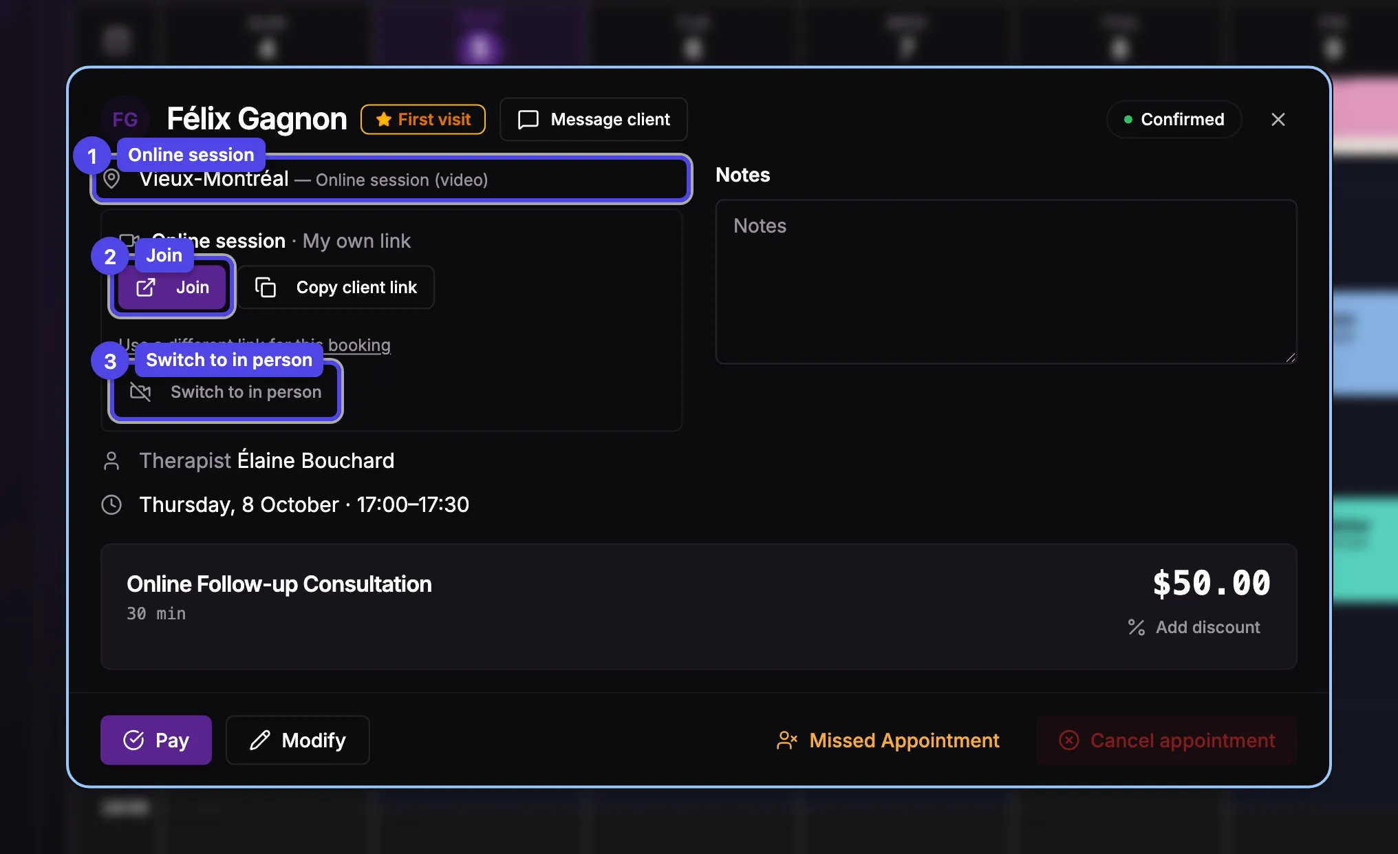 The booking dialog of an online session with its Join, Copy client link and Switch to in person buttons