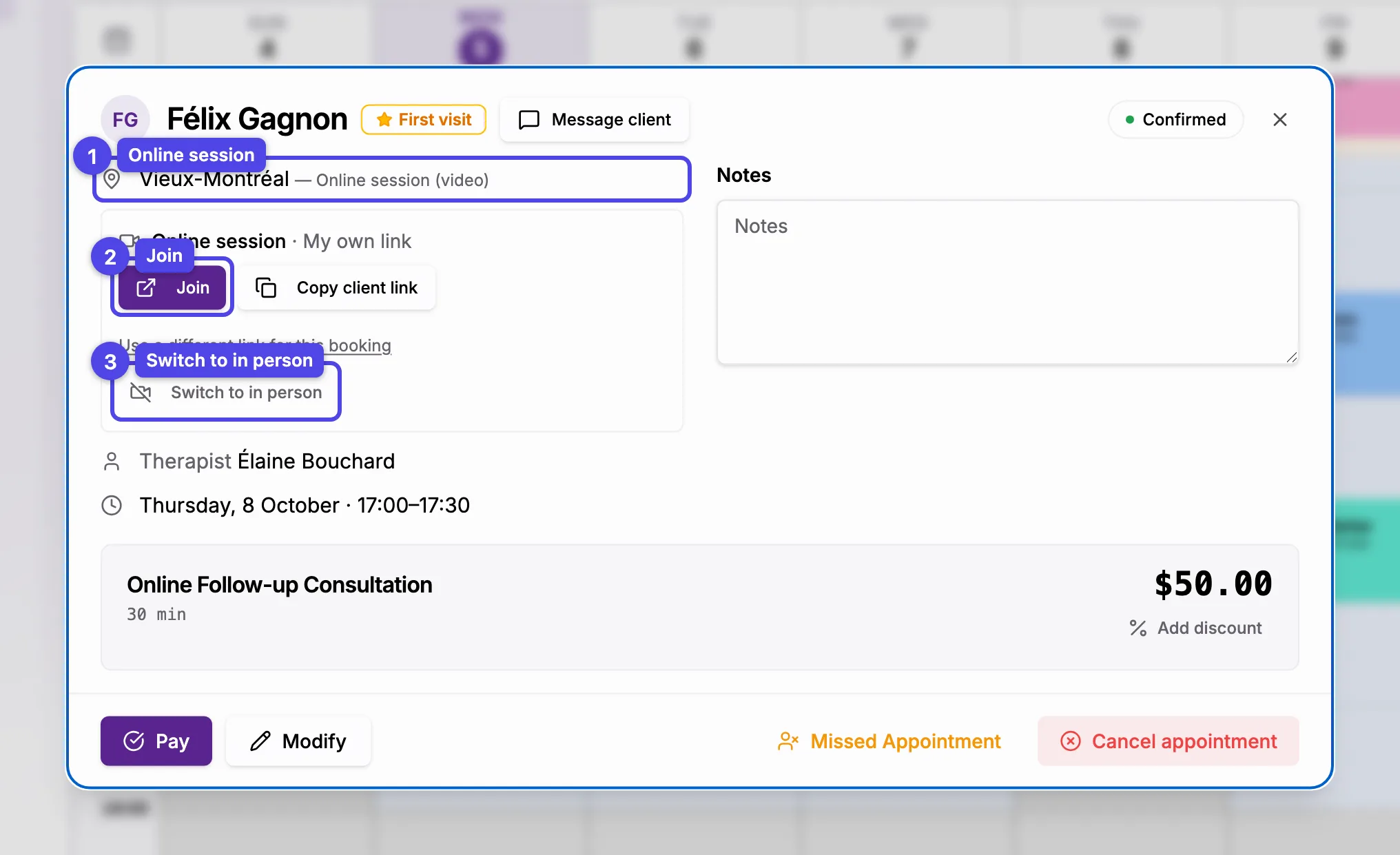 The booking dialog of an online session with its Join, Copy client link and Switch to in person buttons