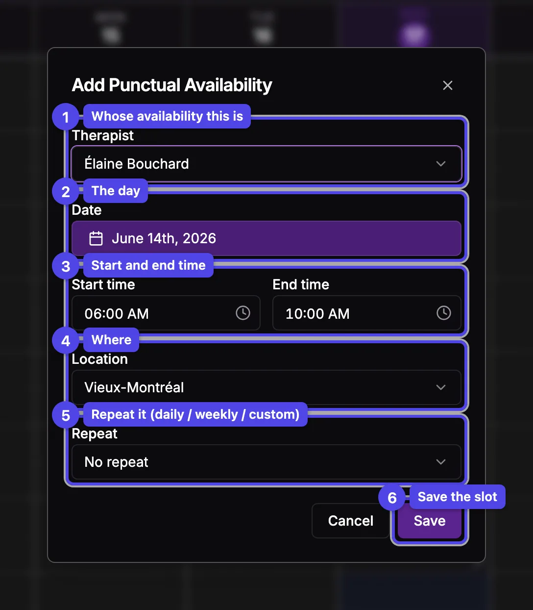 The Add Punctual Availability form with the therapist, date, time range, location, repeat, and Save fields numbered
