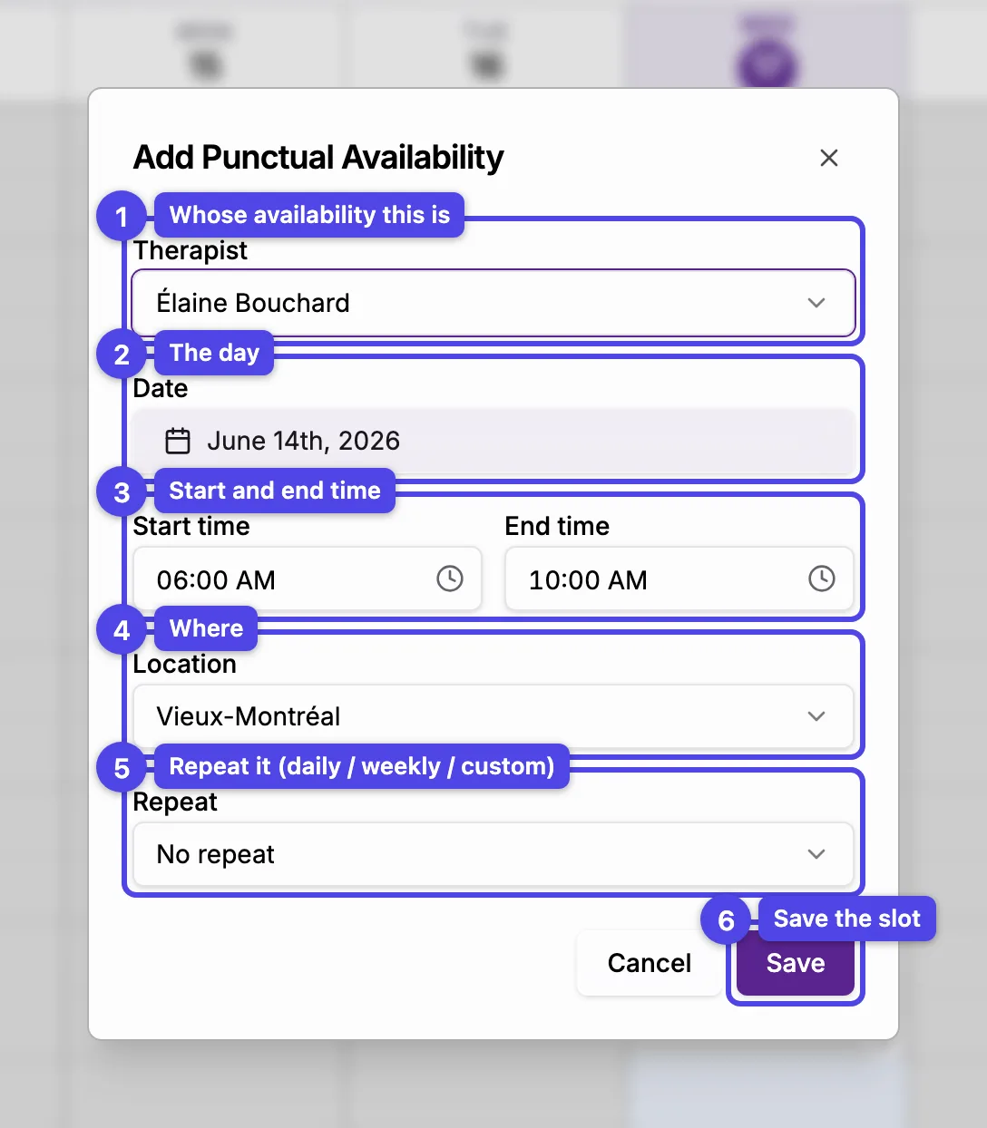 The Add Punctual Availability form with the therapist, date, time range, location, repeat, and Save fields numbered