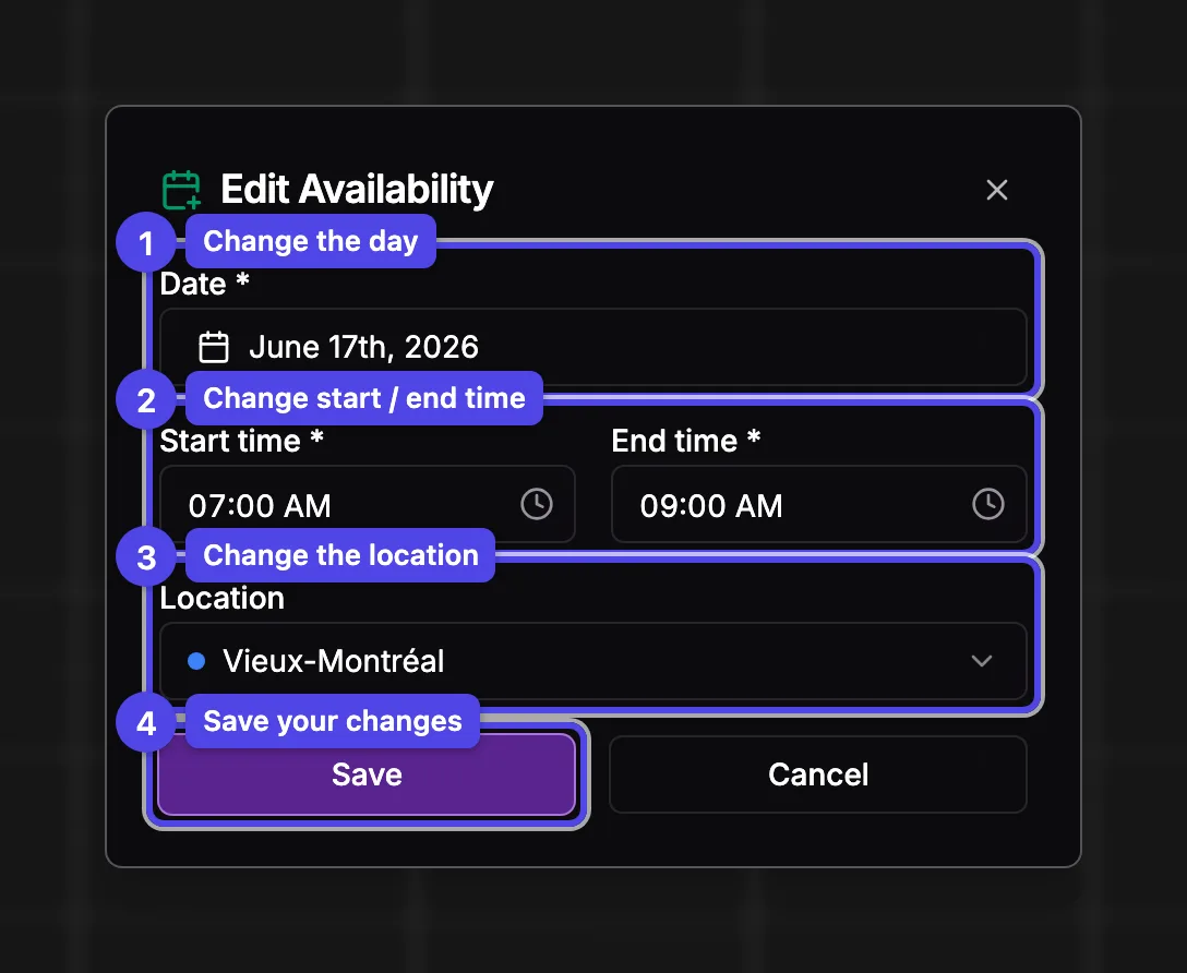 The punctual availability dialog in edit mode with the date, time, location, and Save fields numbered