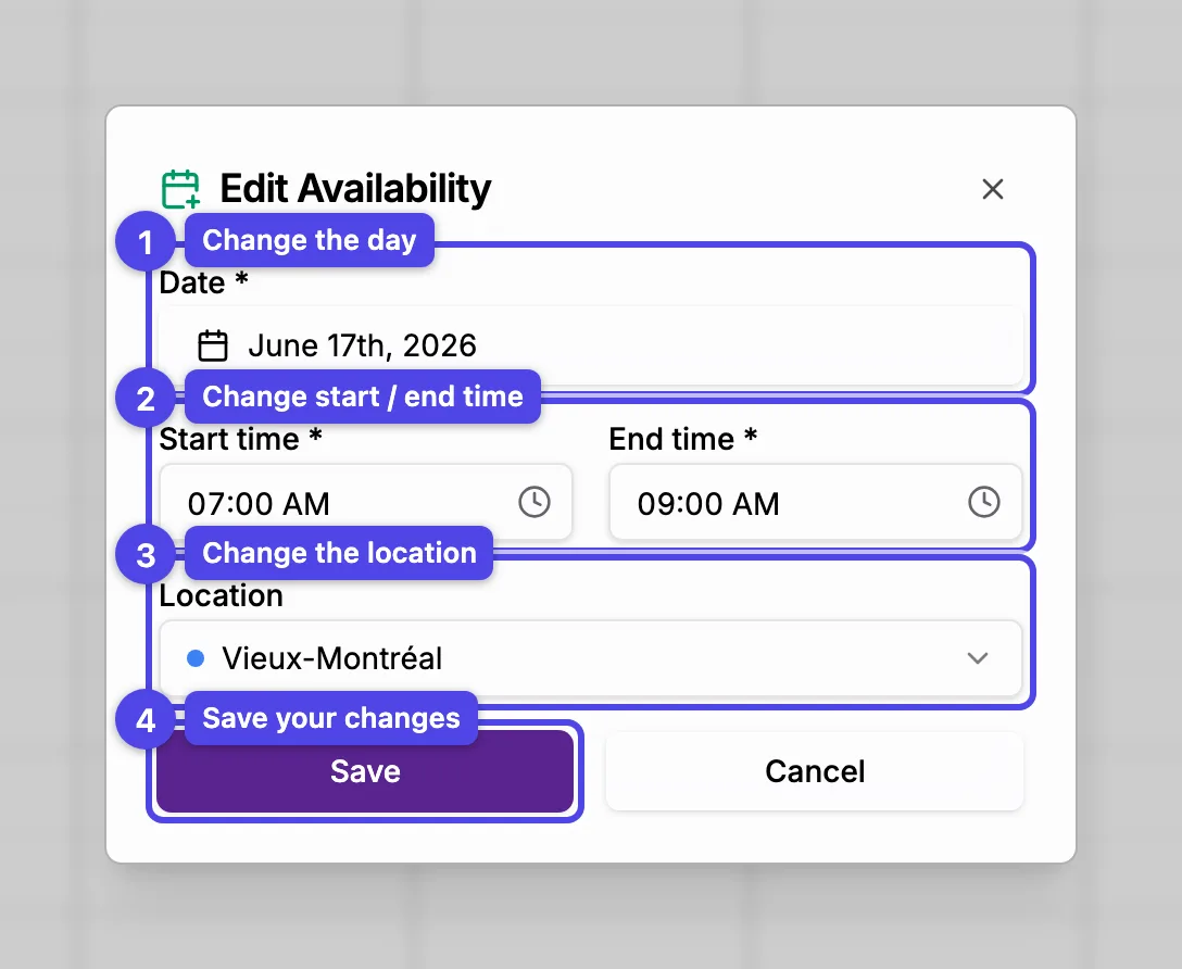 The punctual availability dialog in edit mode with the date, time, location, and Save fields numbered