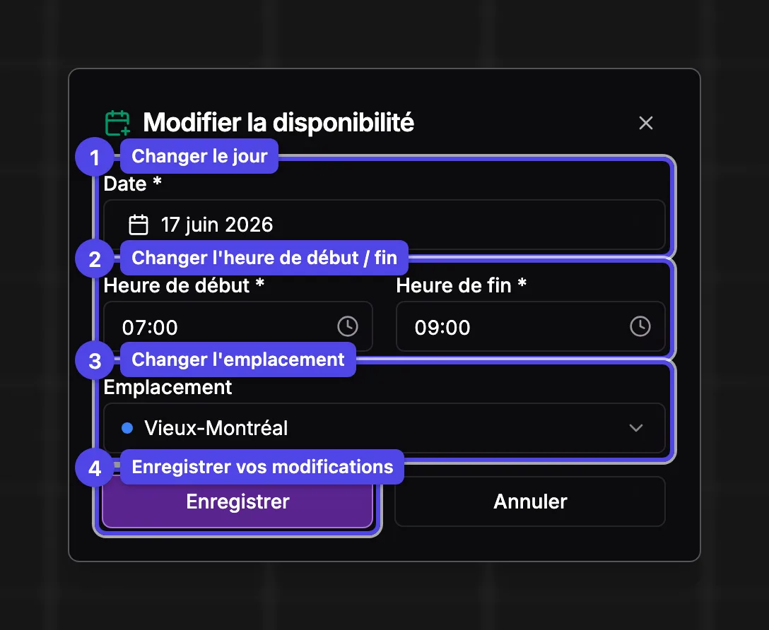 La fenêtre de disponibilité ponctuelle en mode édition avec la date, l'heure, l'emplacement et Enregistrer numérotés