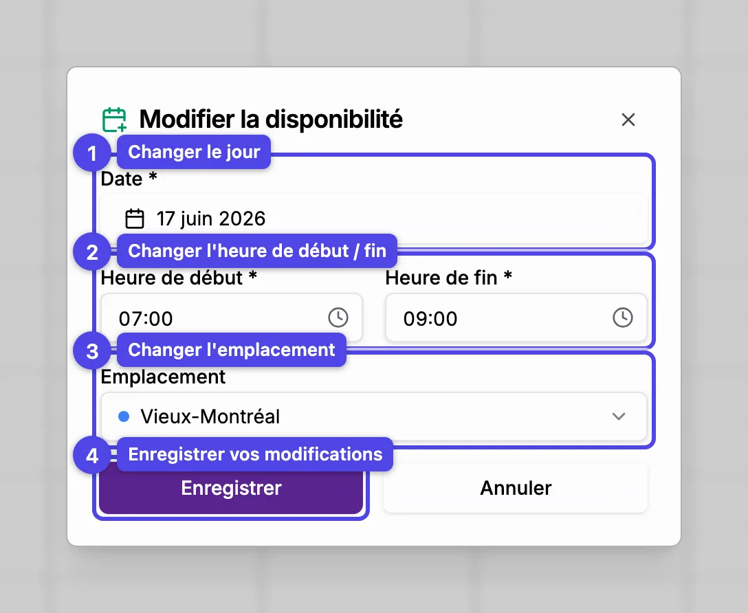 La fenêtre de disponibilité ponctuelle en mode édition avec la date, l'heure, l'emplacement et Enregistrer numérotés