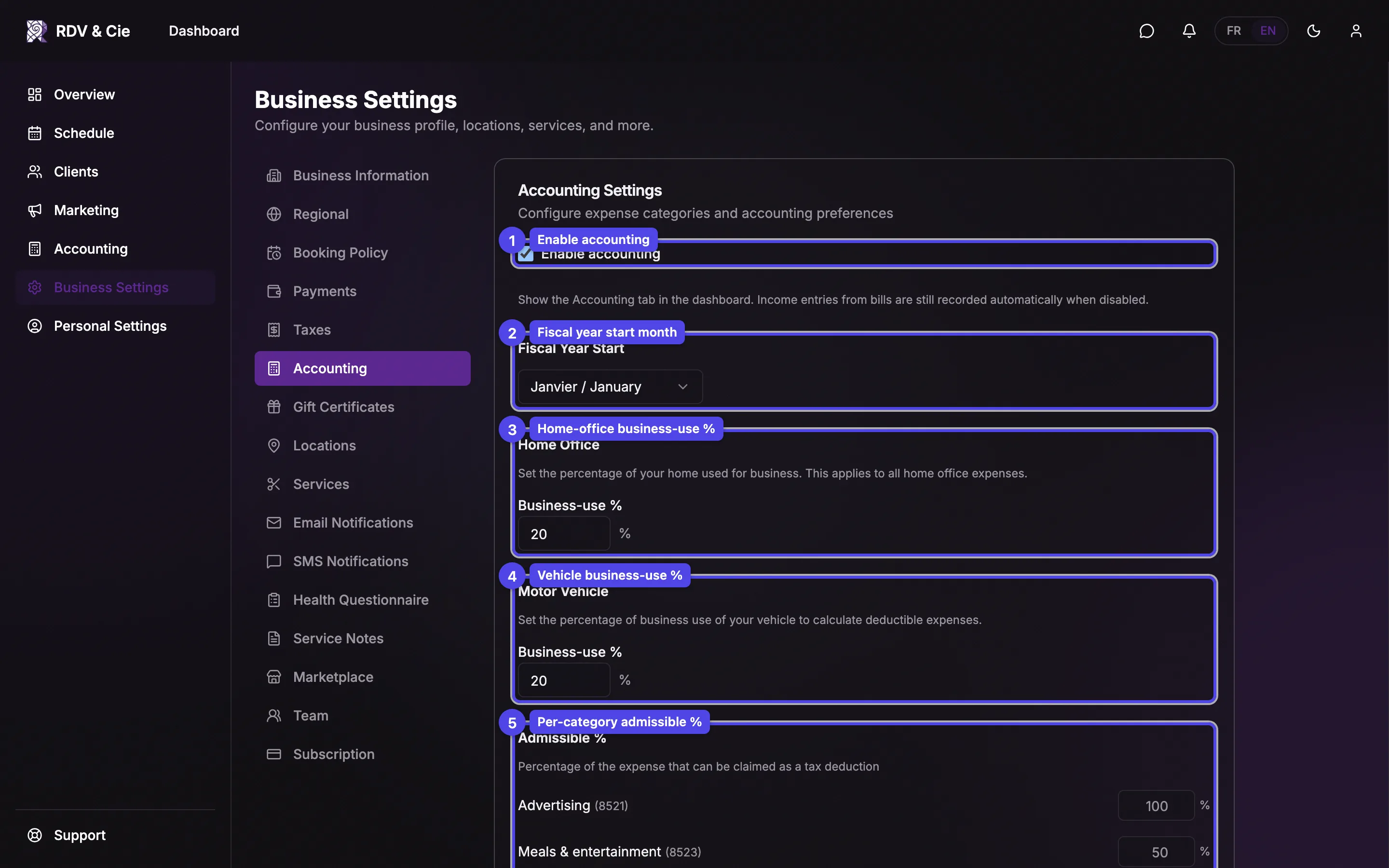 The Accounting Settings form with the enable checkbox, fiscal year start, home-office and motor-vehicle percentages, and the per-category admissible percentages.