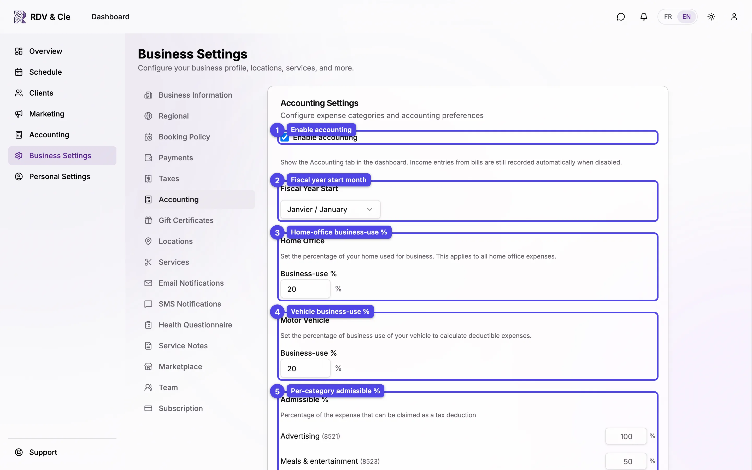 The Accounting Settings form with the enable checkbox, fiscal year start, home-office and motor-vehicle percentages, and the per-category admissible percentages.
