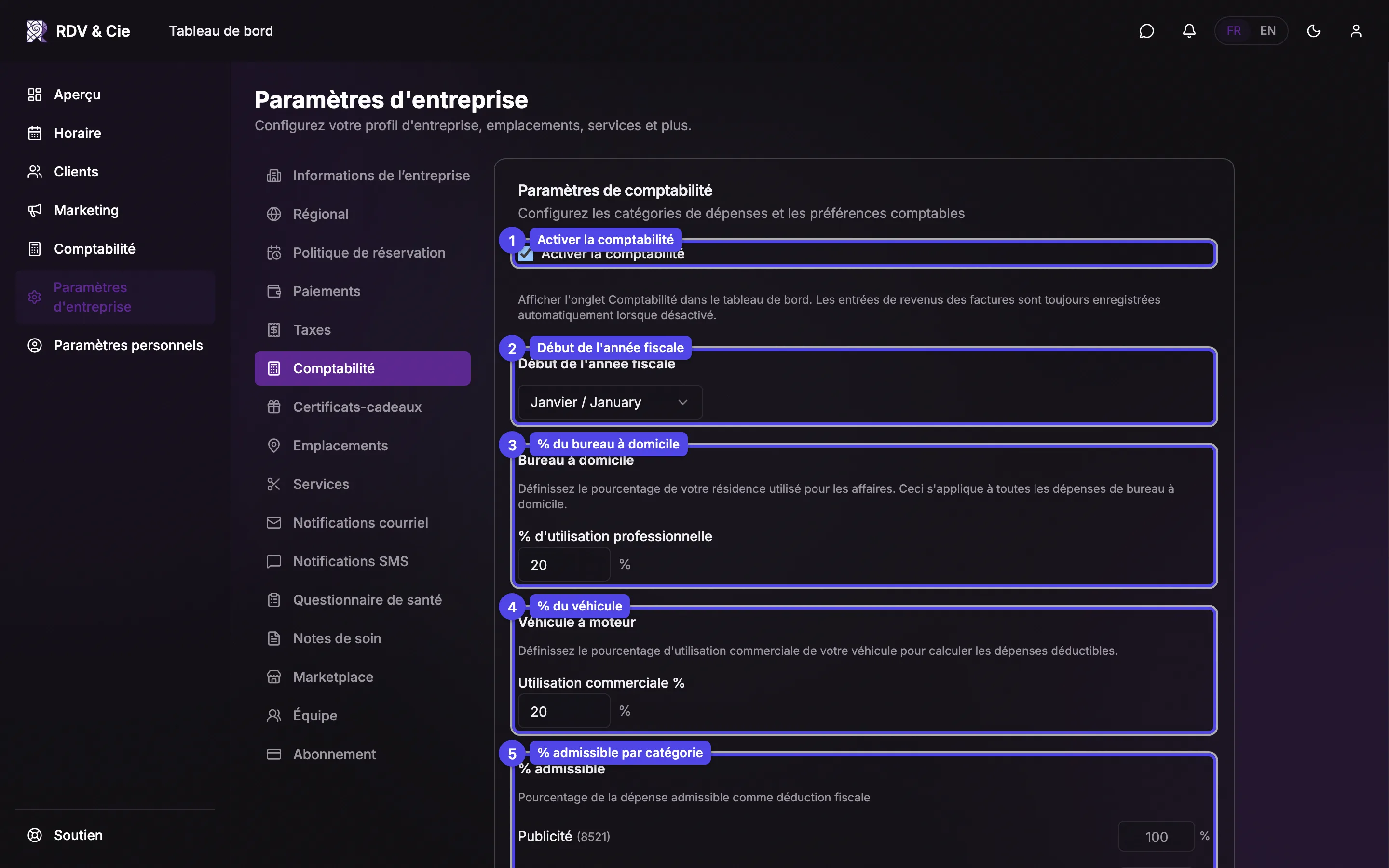 Le formulaire Paramètres de comptabilité avec la case d'activation, le début de l'année fiscale, les pourcentages du bureau à domicile et du véhicule, et les pourcentages admissibles par catégorie.