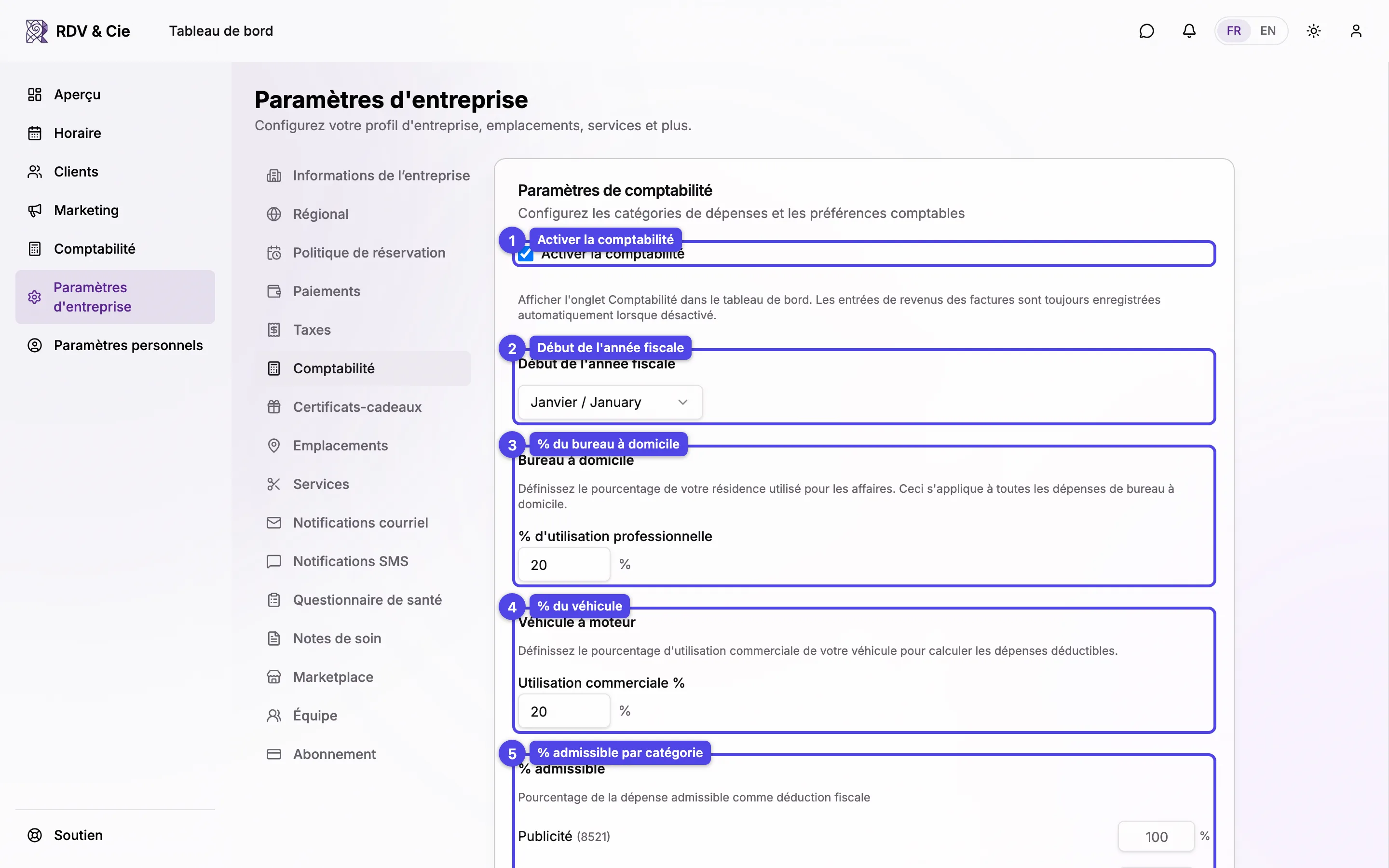 Le formulaire Paramètres de comptabilité avec la case d'activation, le début de l'année fiscale, les pourcentages du bureau à domicile et du véhicule, et les pourcentages admissibles par catégorie.