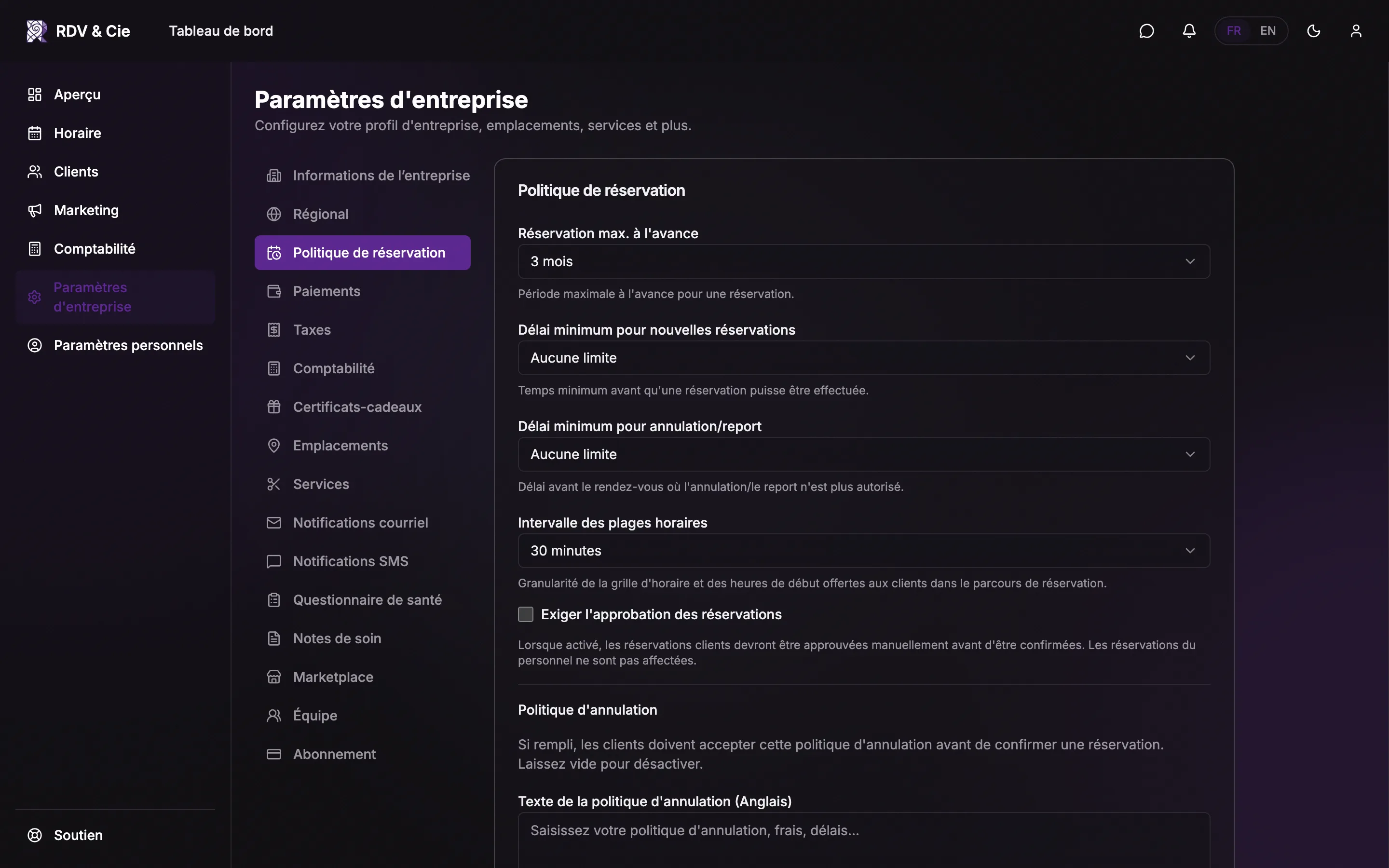Options de liste d'attente, reçus d'assurance, avis clients et sélection du thérapeute.