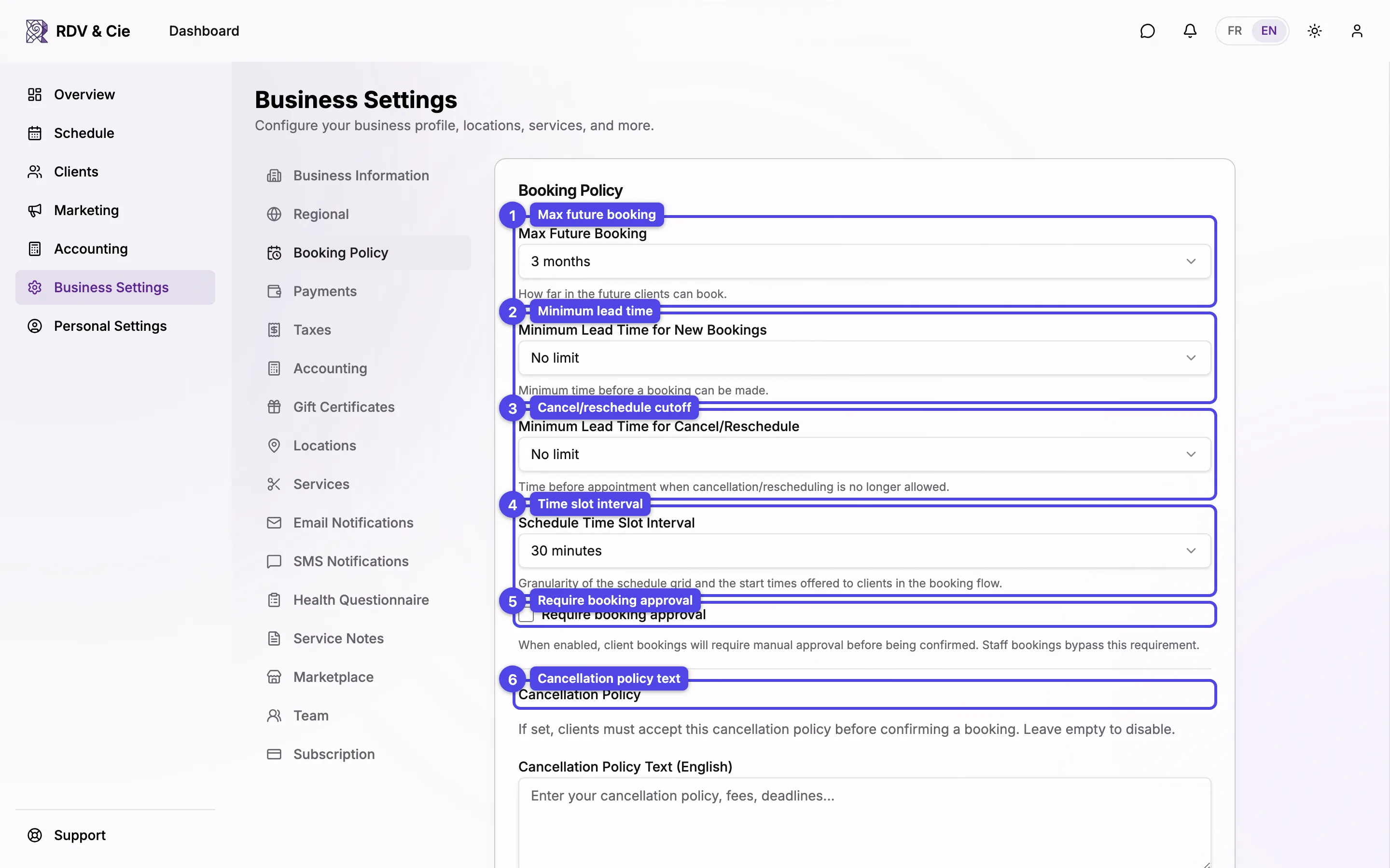 Booking timing rules: max future booking, lead times, slot interval, approval, and cancellation policy.