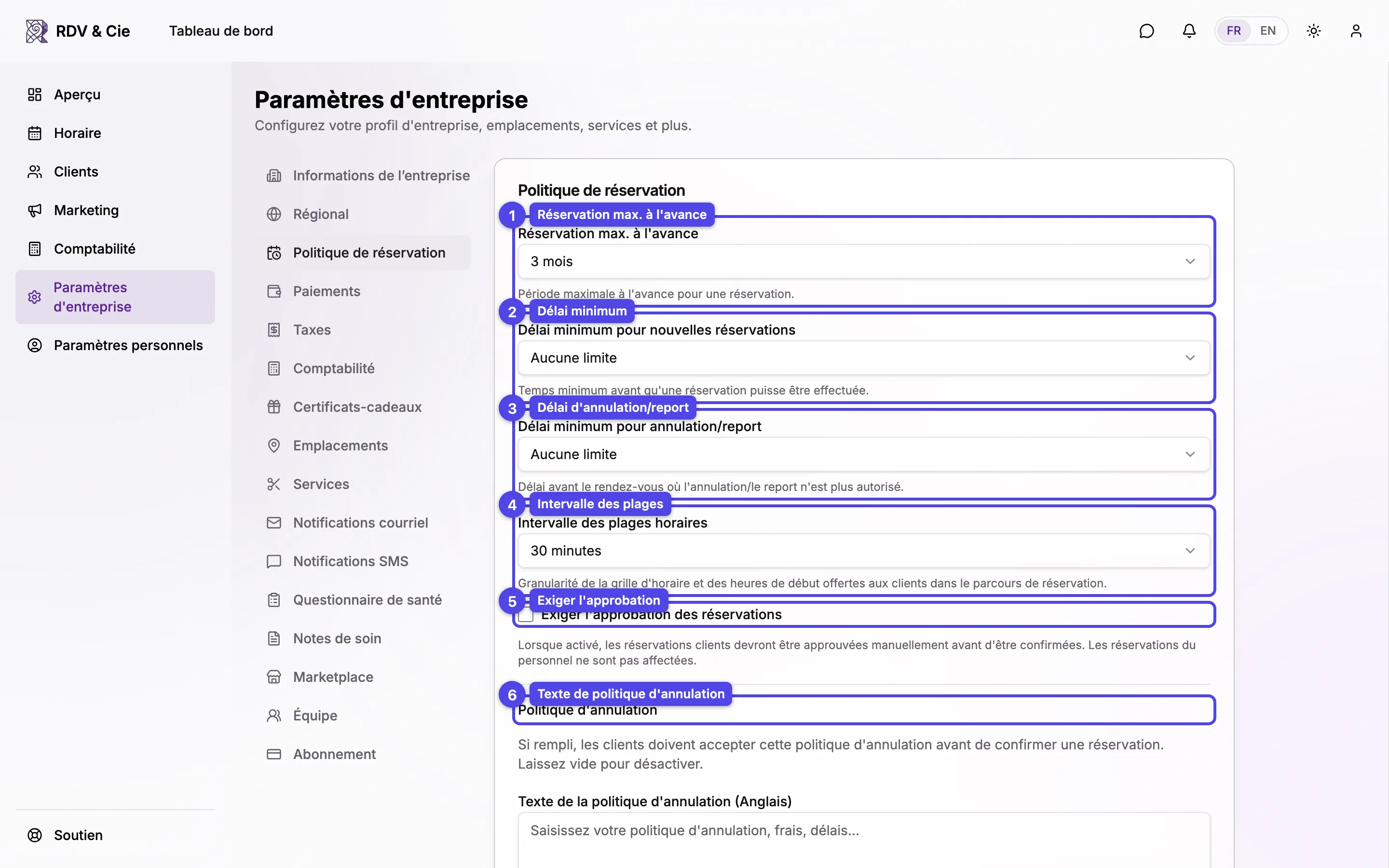 Règles de délai : réservation max. à l'avance, délais, intervalle des plages, approbation et politique d'annulation.