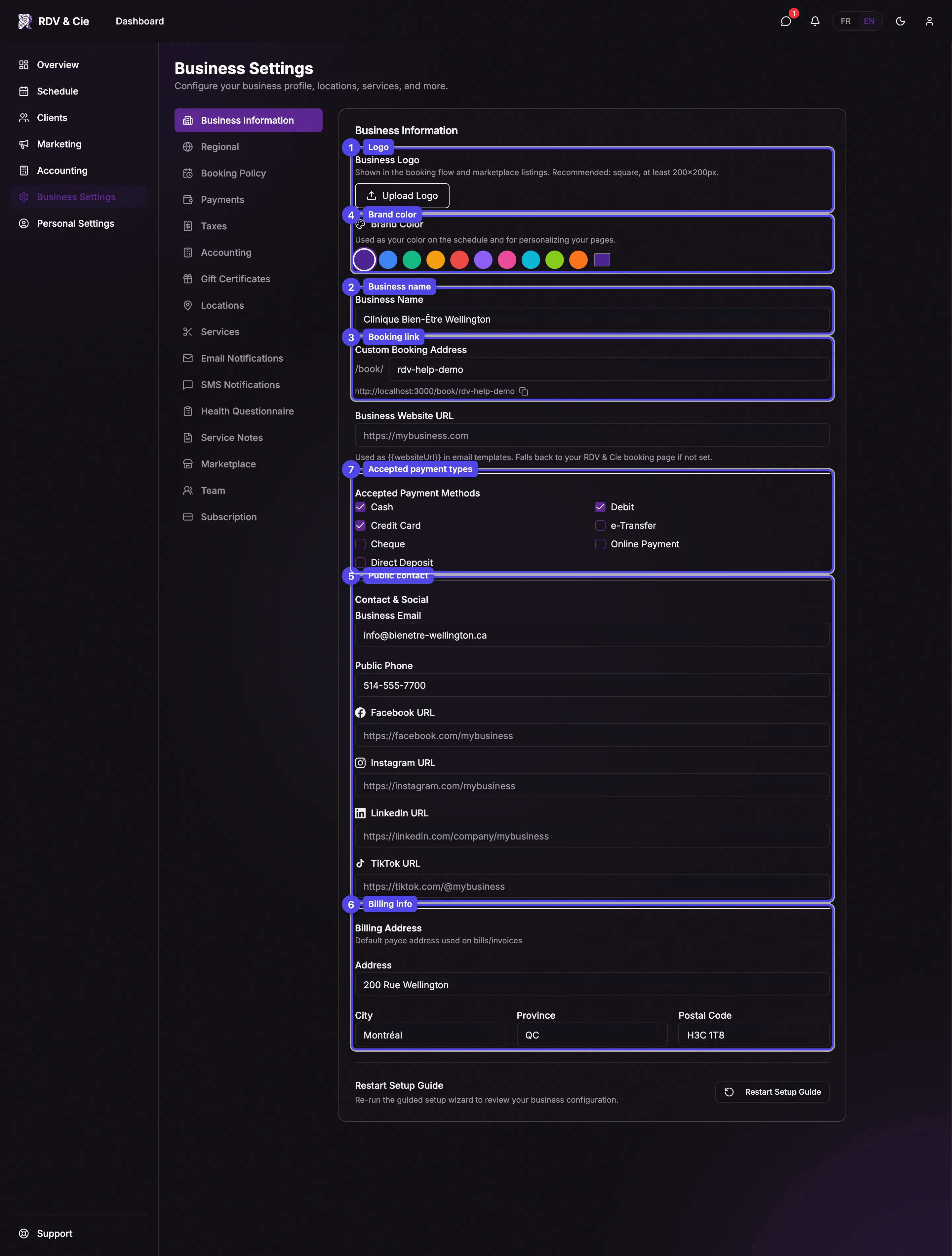 The Business Info tab: logo, business name, booking link, brand color, public contact, billing, and accepted payment types