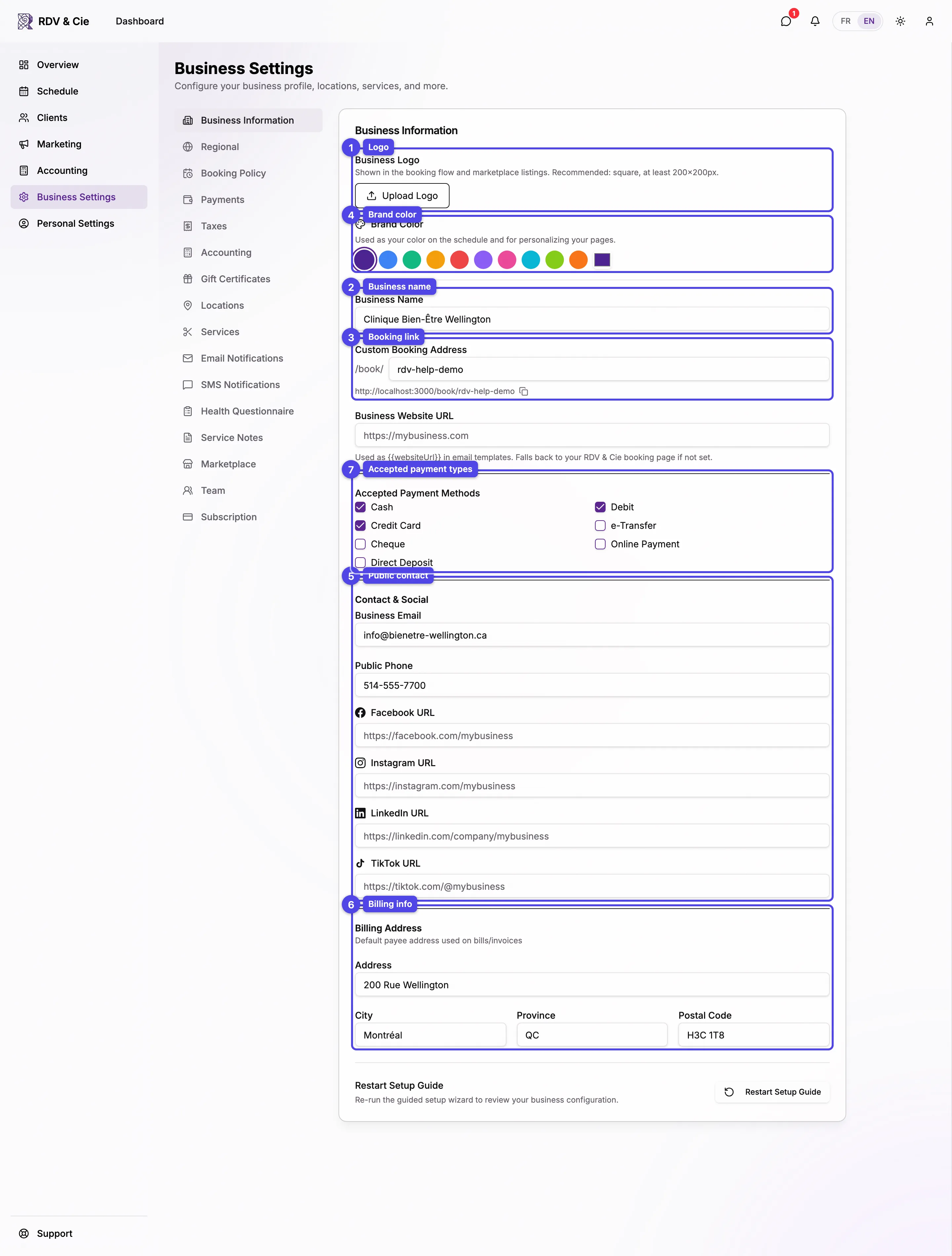The Business Info tab: logo, business name, booking link, brand color, public contact, billing, and accepted payment types
