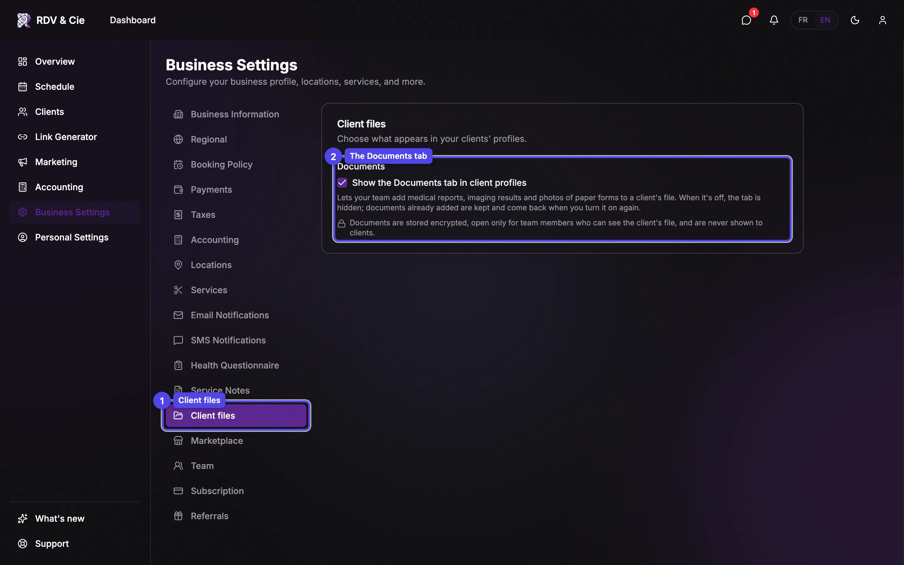 The Client files section of Business Settings, with the Show the Documents tab in client profiles checkbox and its security note