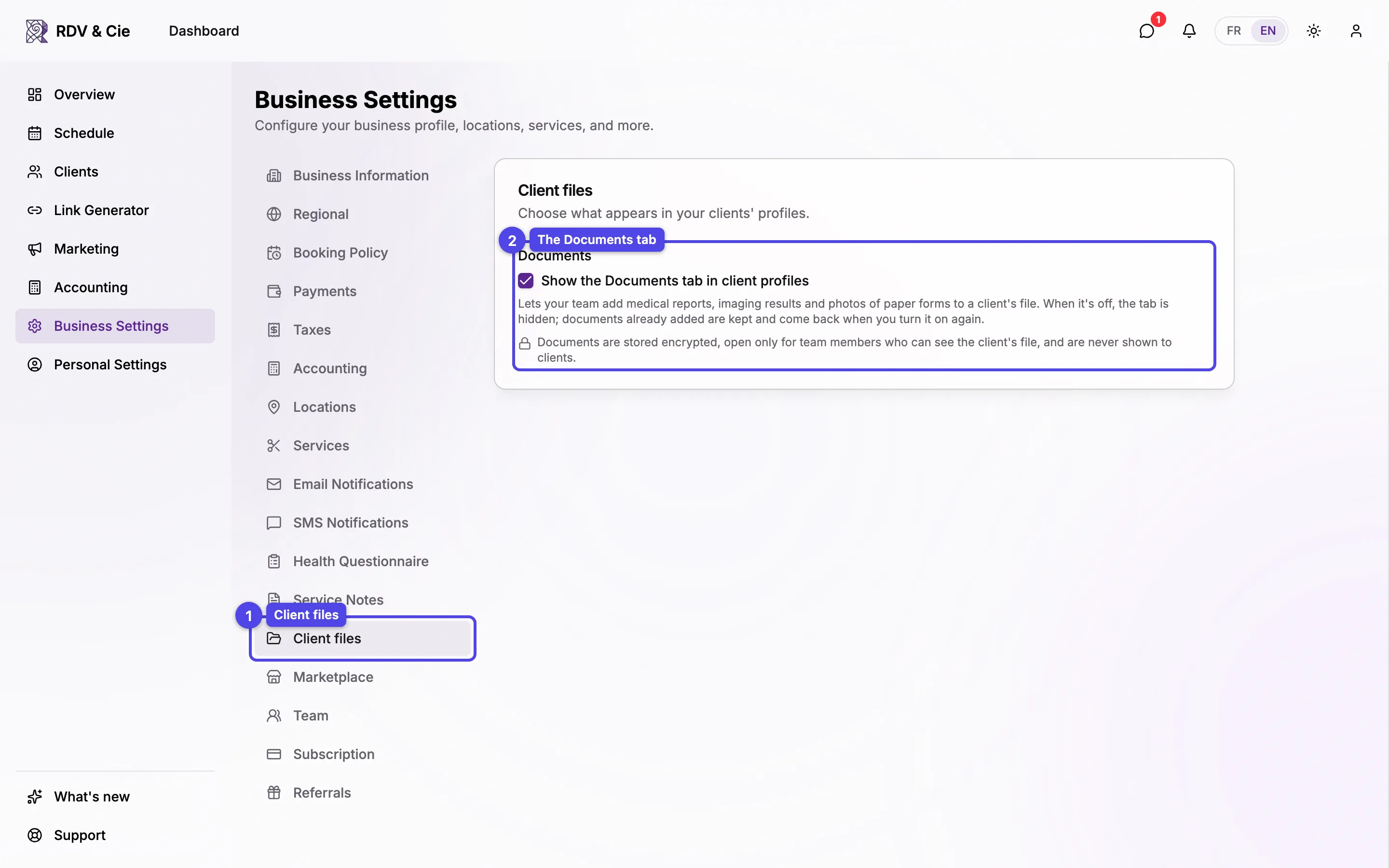 The Client files section of Business Settings, with the Show the Documents tab in client profiles checkbox and its security note