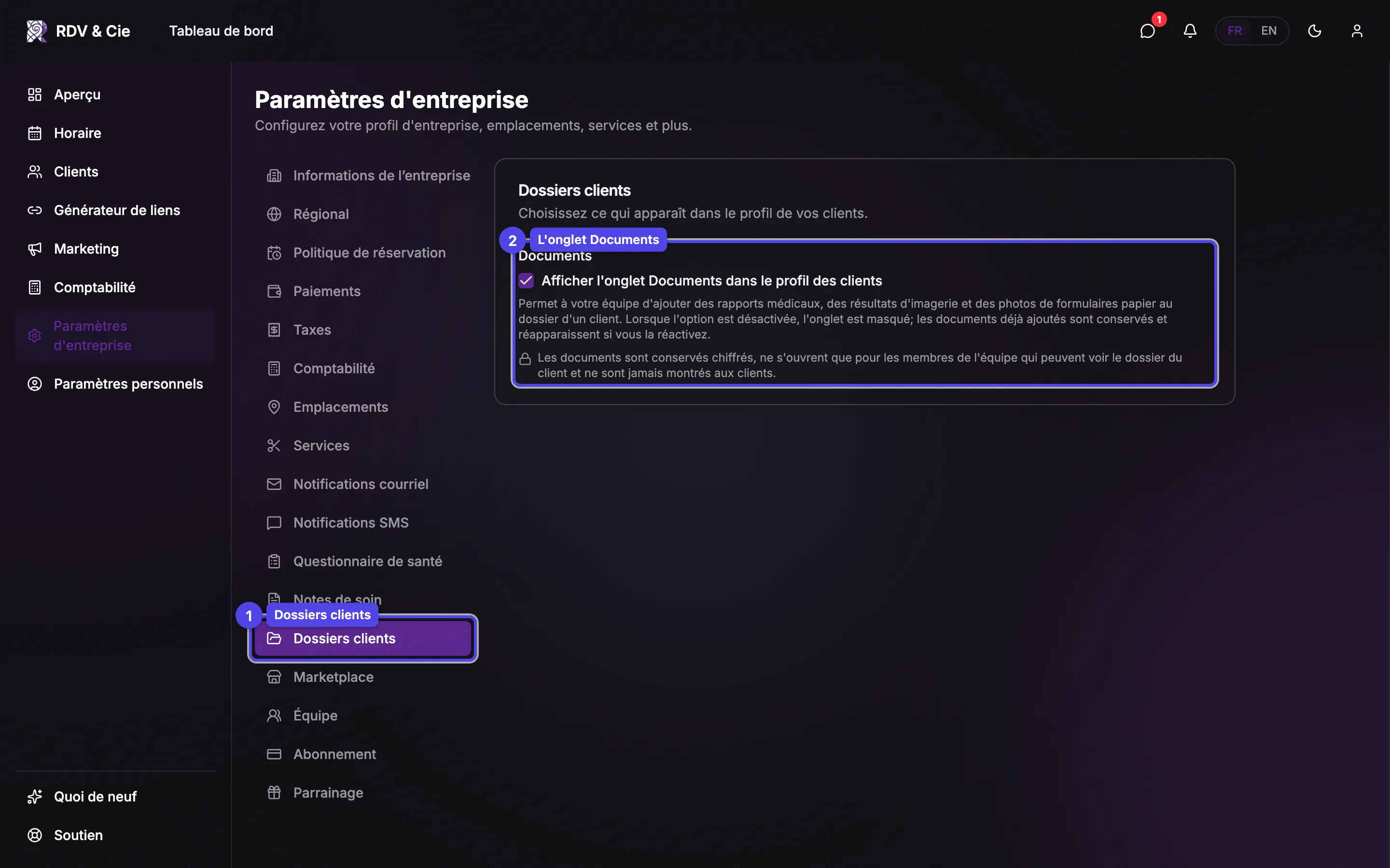 La section Dossiers clients des paramètres d'entreprise, avec la case Afficher l'onglet Documents dans le profil des clients et sa note de sécurité