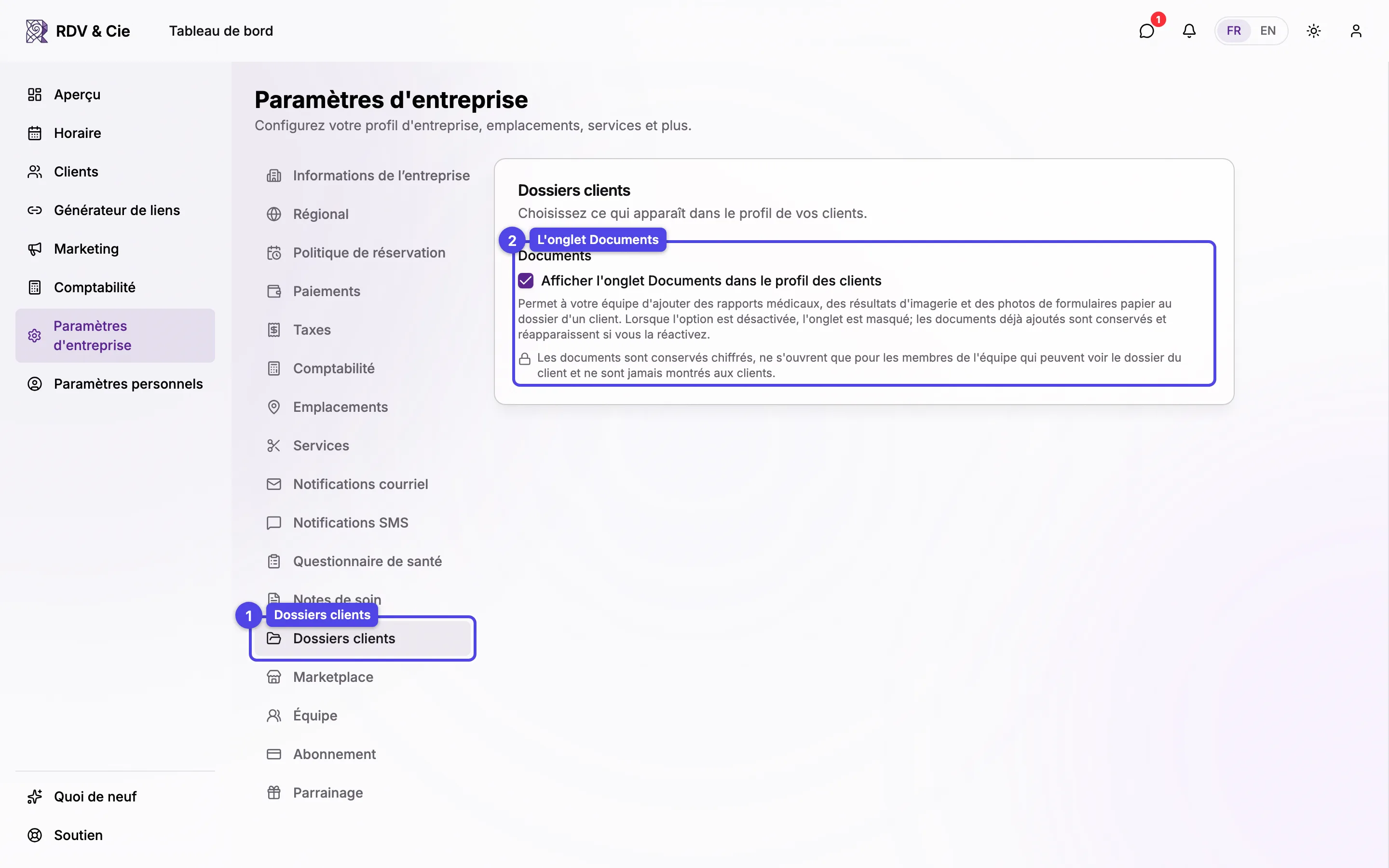 La section Dossiers clients des paramètres d'entreprise, avec la case Afficher l'onglet Documents dans le profil des clients et sa note de sécurité