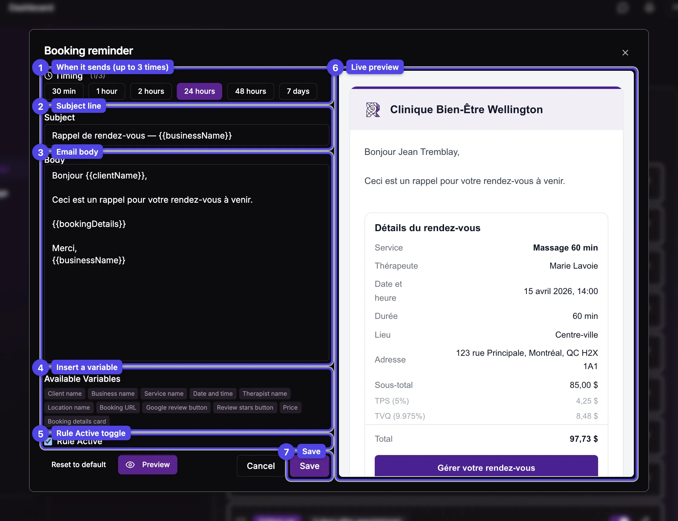 The email rule editor dialog with timing, subject, body, variables, the Rule Active toggle, and a live preview