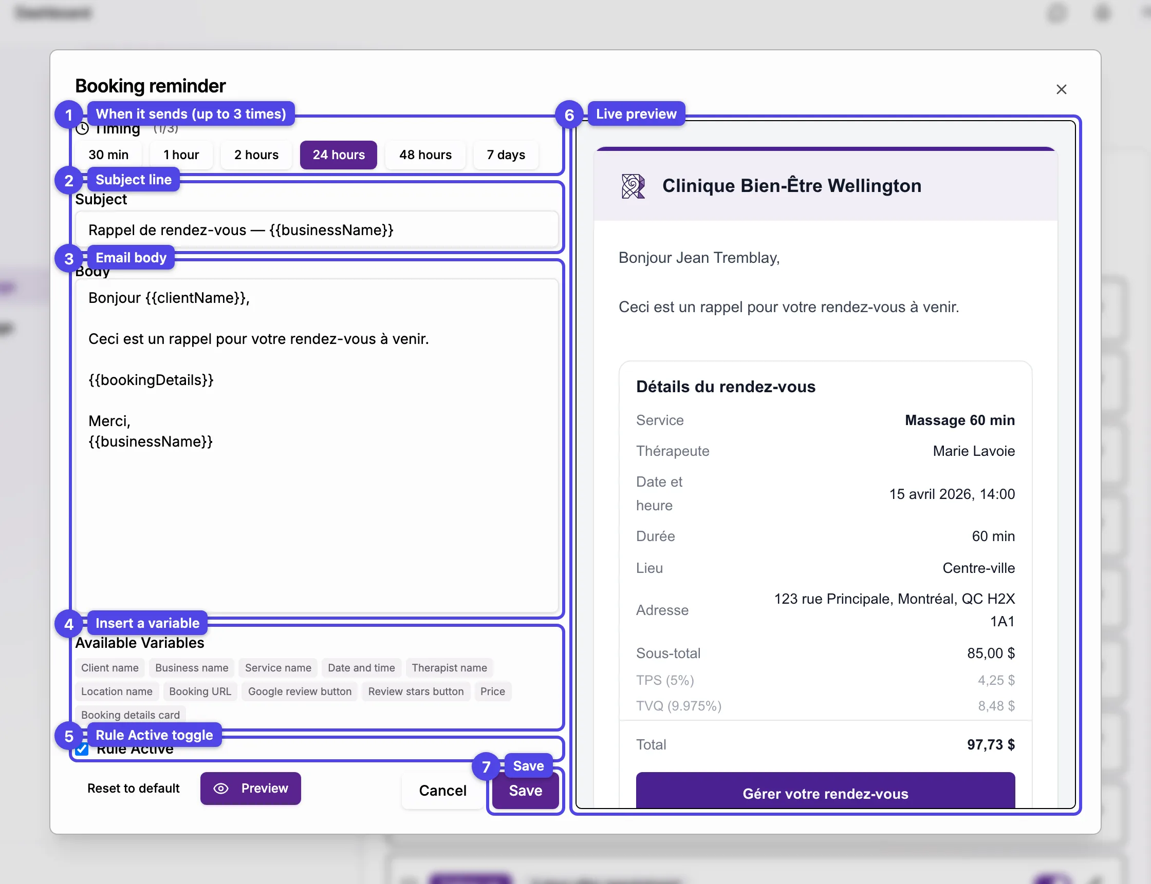 The email rule editor dialog with timing, subject, body, variables, the Rule Active toggle, and a live preview