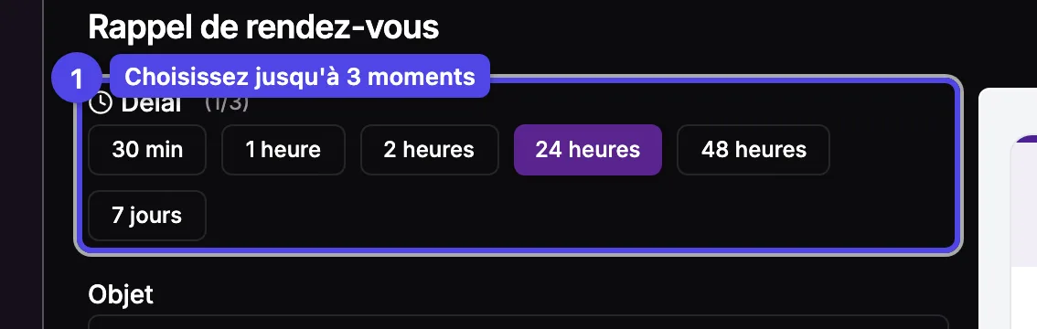 Le sélecteur de délai du rappel montrant plusieurs moments d'envoi sélectionnables
